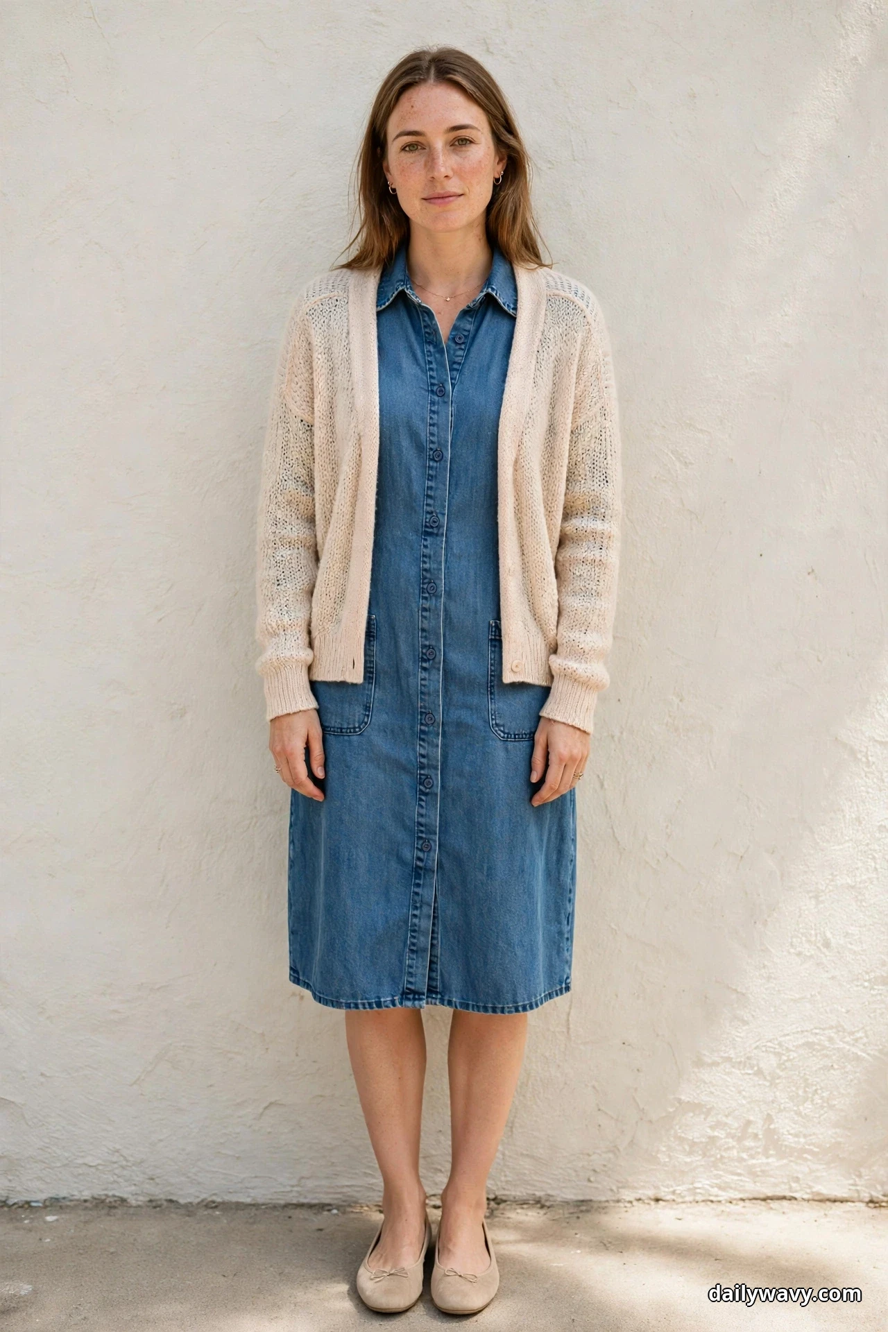 A woman stands full length against a textured wall wearing a knee-length denim shirt dress under an open cream knit cardigan, with beige ballet flats below the hem