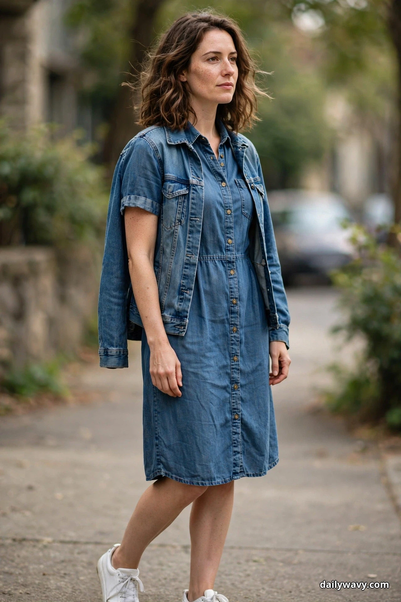 A woman walks along a sidewalk wearing a knee-length denim shirt dress with a denim jacket draped over her shoulders, with white sneakers below the hem