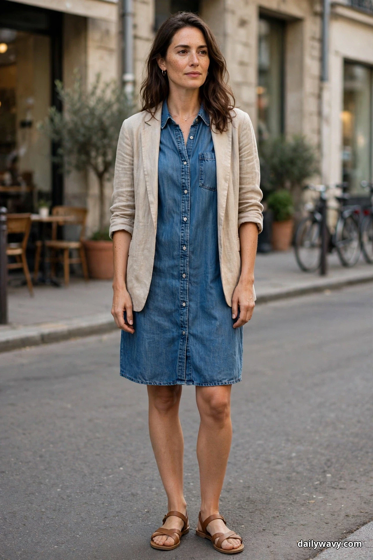 A woman stands on a city street wearing a knee-length denim shirt dress under an open natural linen blazer with pushed-up sleeves, with tan leather flat sandals below the hem