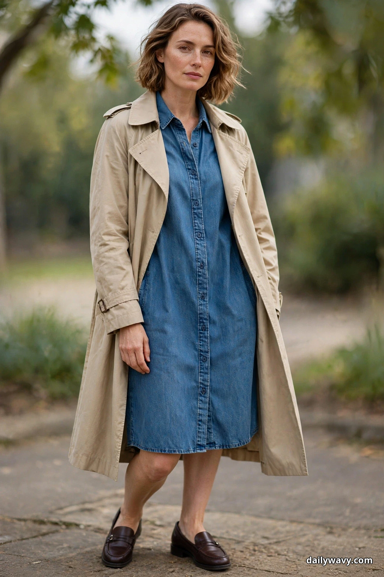 A woman stands outdoors wearing a knee-length denim shirt dress under a long stone trench coat worn open, with dark brown leather loafers below the hem