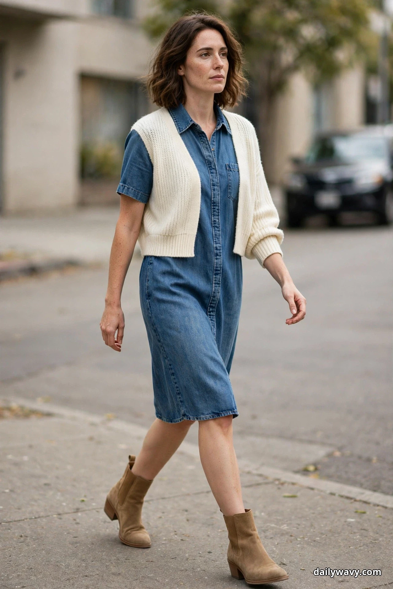 A woman walks along a sidewalk wearing a knee-length denim shirt dress with a cropped cream knit worn open over it, with tan suede ankle boots below the hem