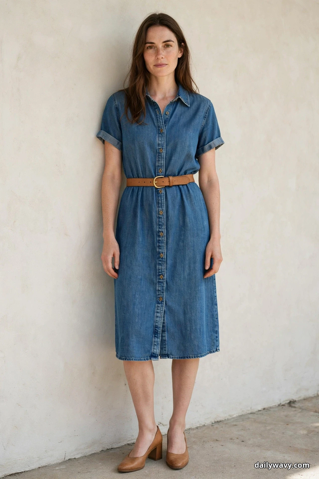 A woman stands full length against a plain wall wearing a below-knee denim shirt dress cinched with a wide cognac leather belt, with tan block-heel pumps below the hem