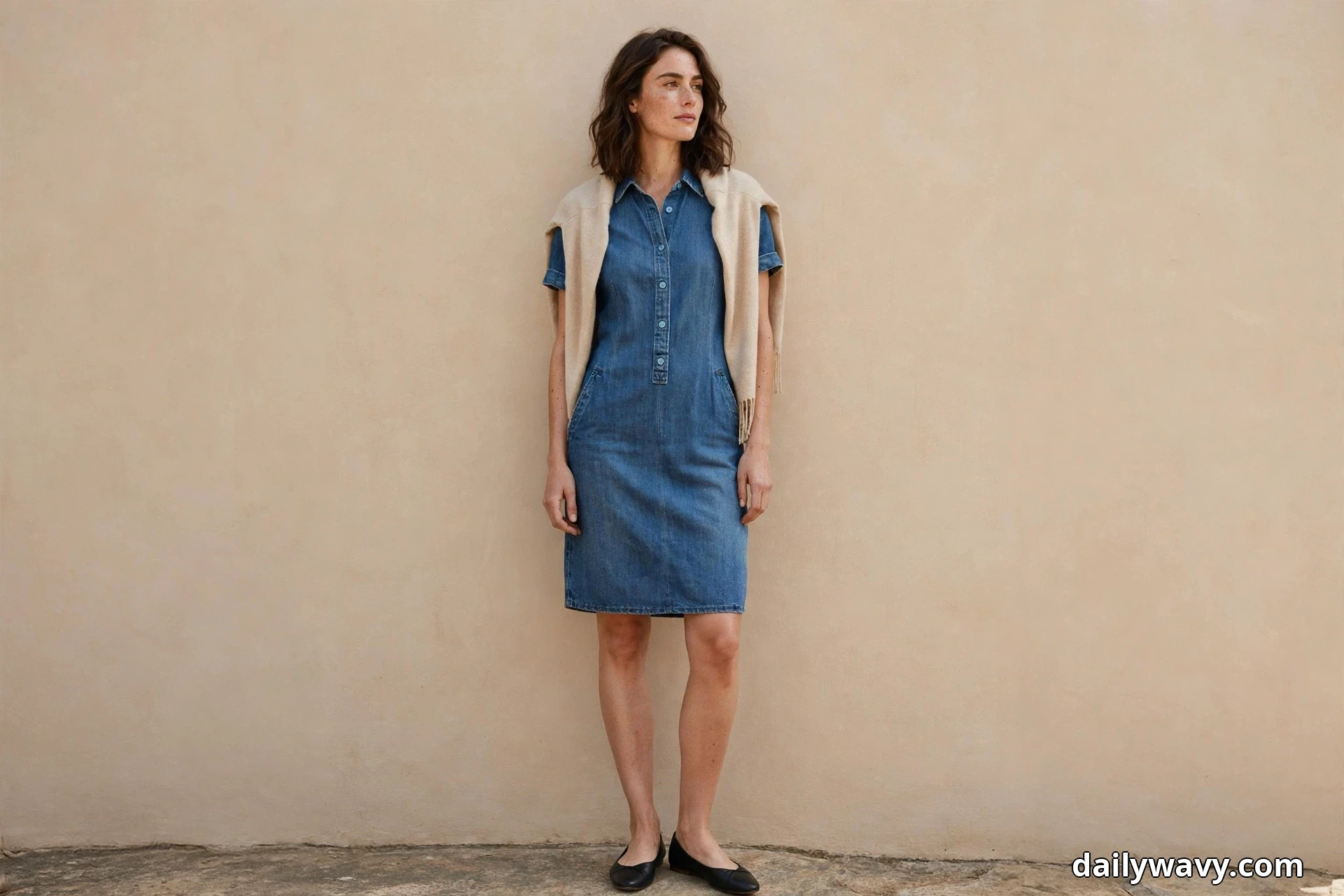 A woman stands full length against a plain beige wall wearing a knee-length medium-wash denim shirt dress with a cream fringed shawl draped over her shoulders, with black pointed flats below the hem