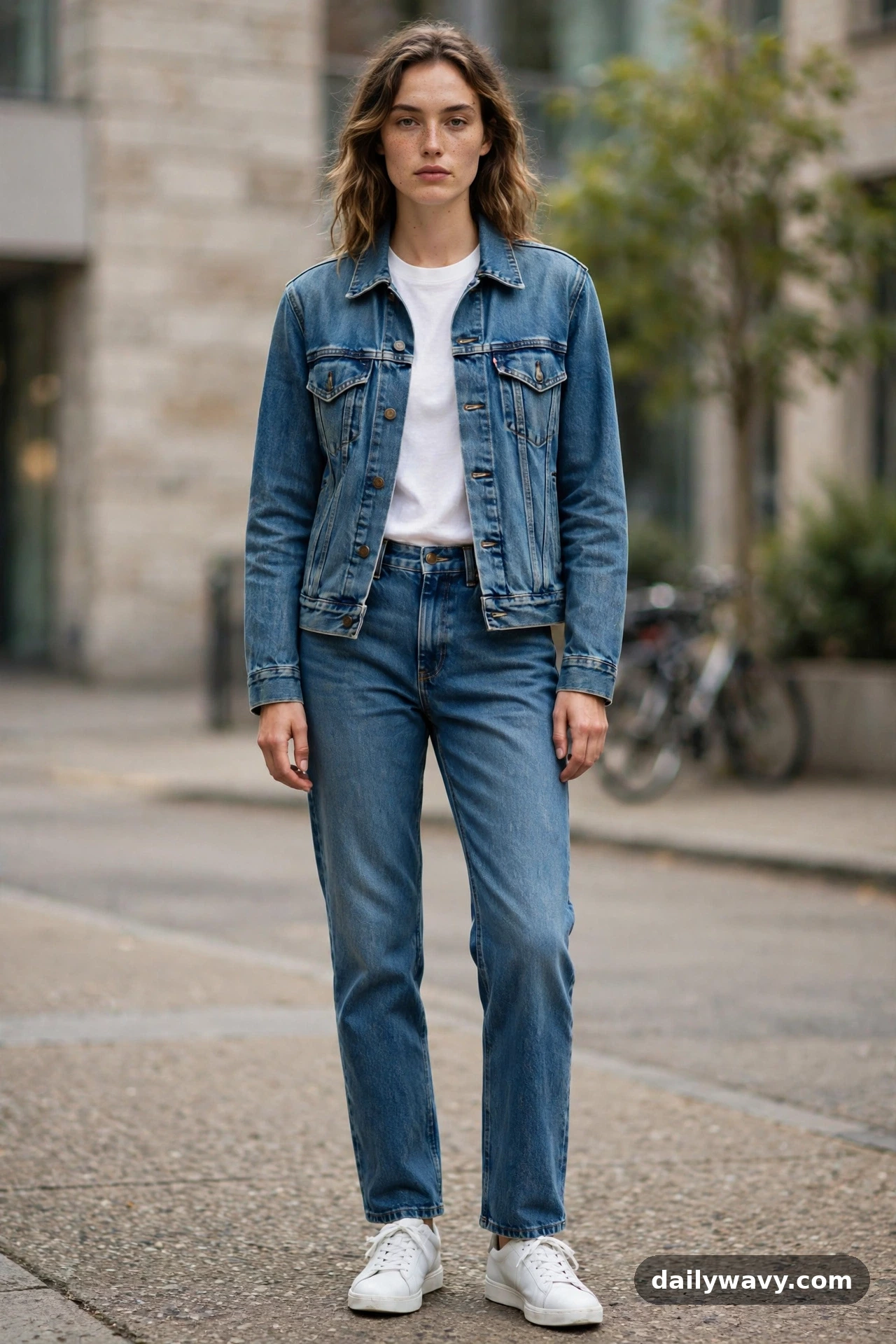 Adult wearing a denim jacket with a plain tee, straight jeans and sneakers for denim jacket outfits