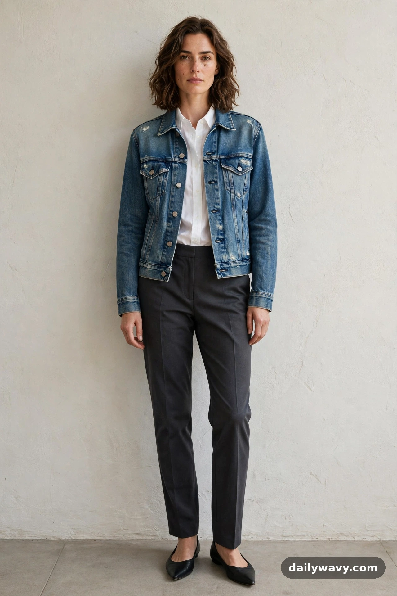 Adult wearing a denim jacket with a cotton shirt, dark trousers and flats for denim jacket outfits