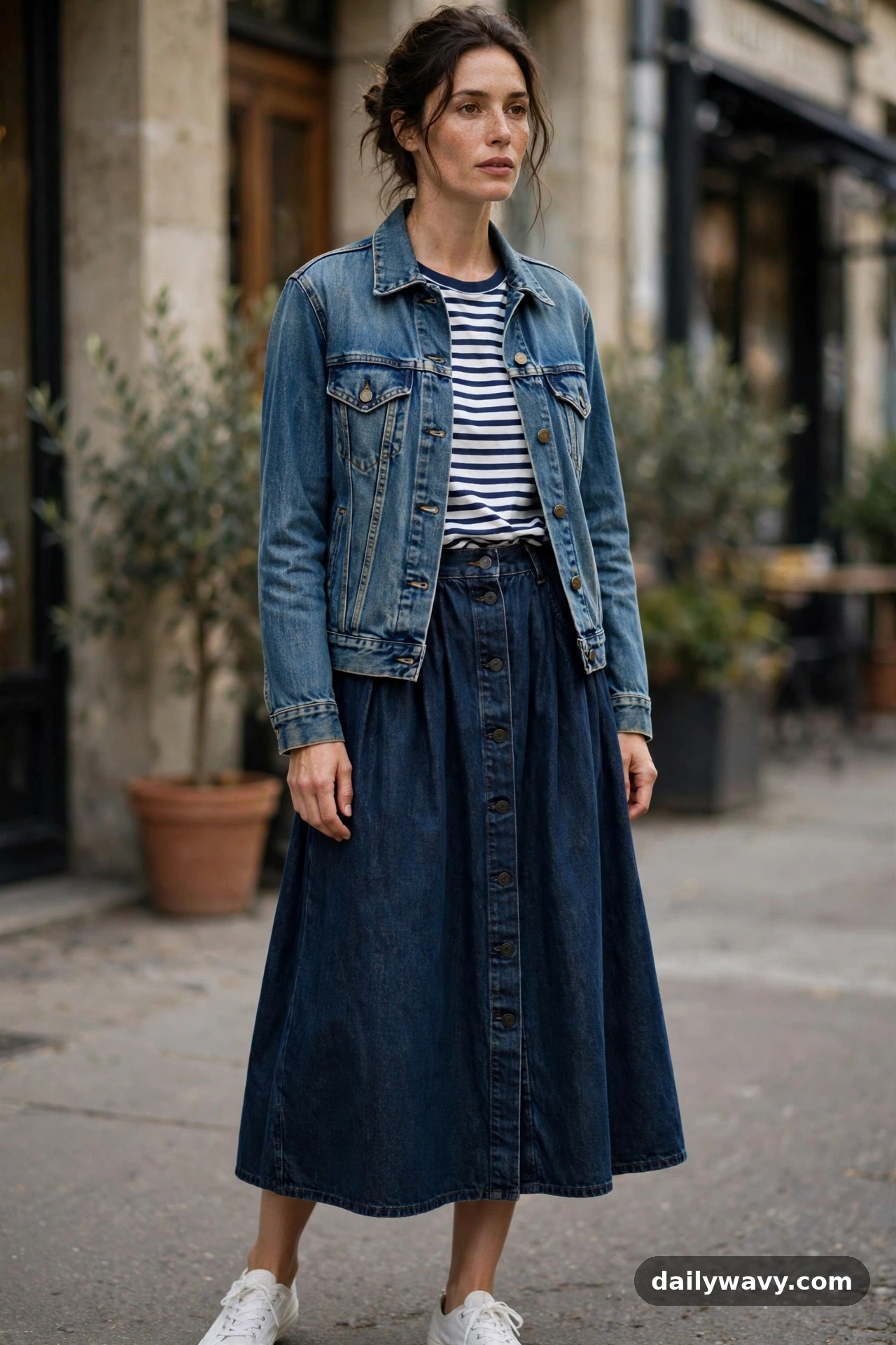 Adult wearing a denim jacket with a striped tee, denim skirt and trainers for denim jacket outfits