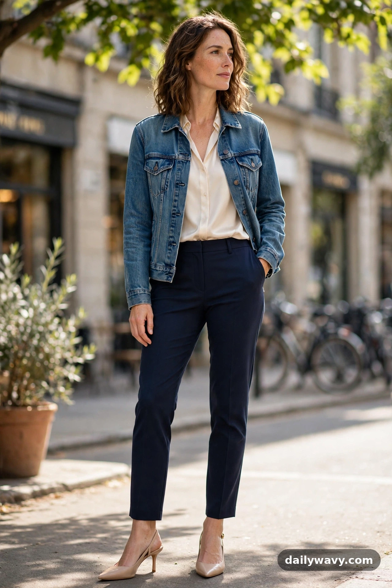 Adult wearing a denim jacket with a soft blouse, tailored pants and slingbacks for denim jacket outfits