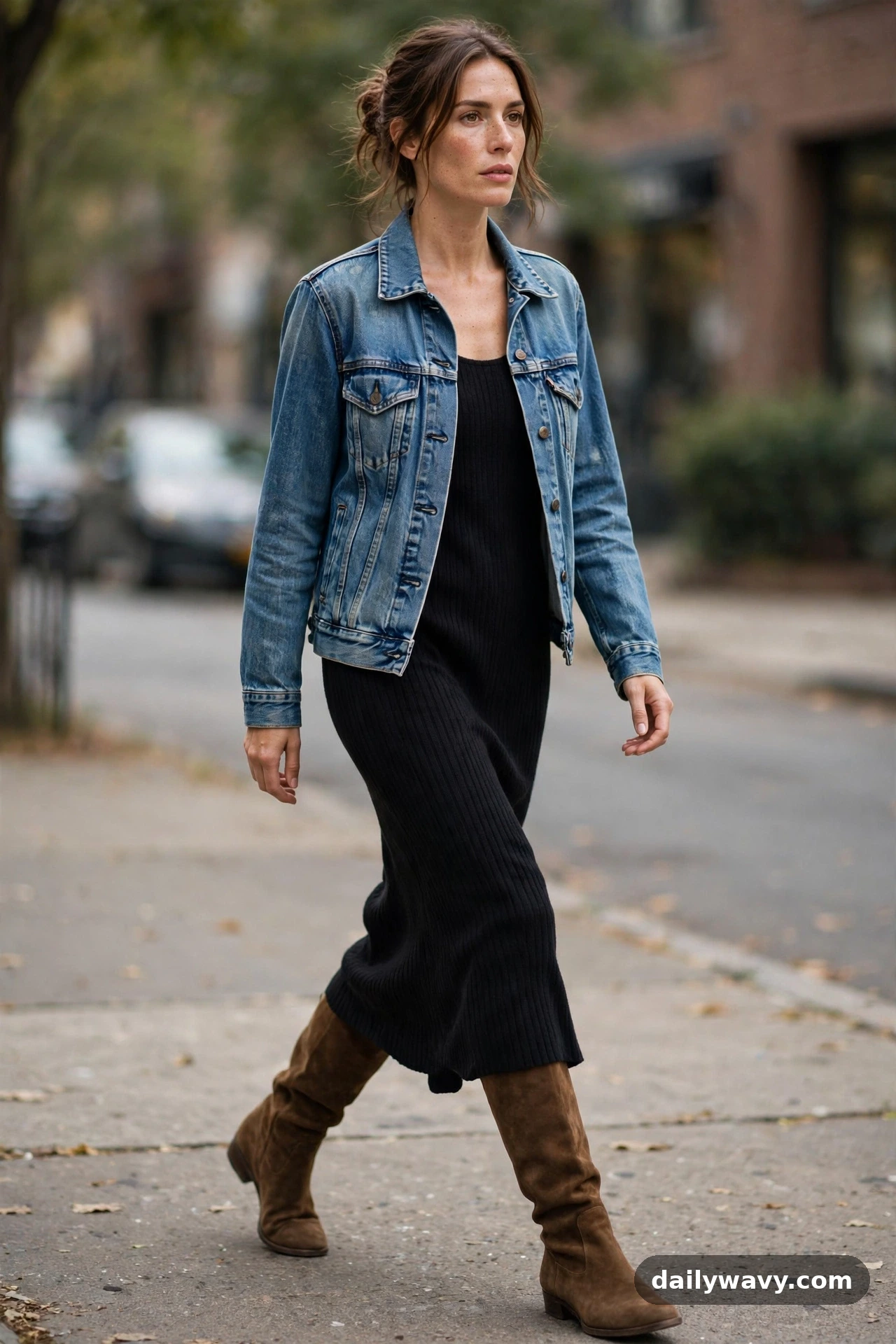 Adult wearing a denim jacket with a knit dress and tall boots for denim jacket outfits