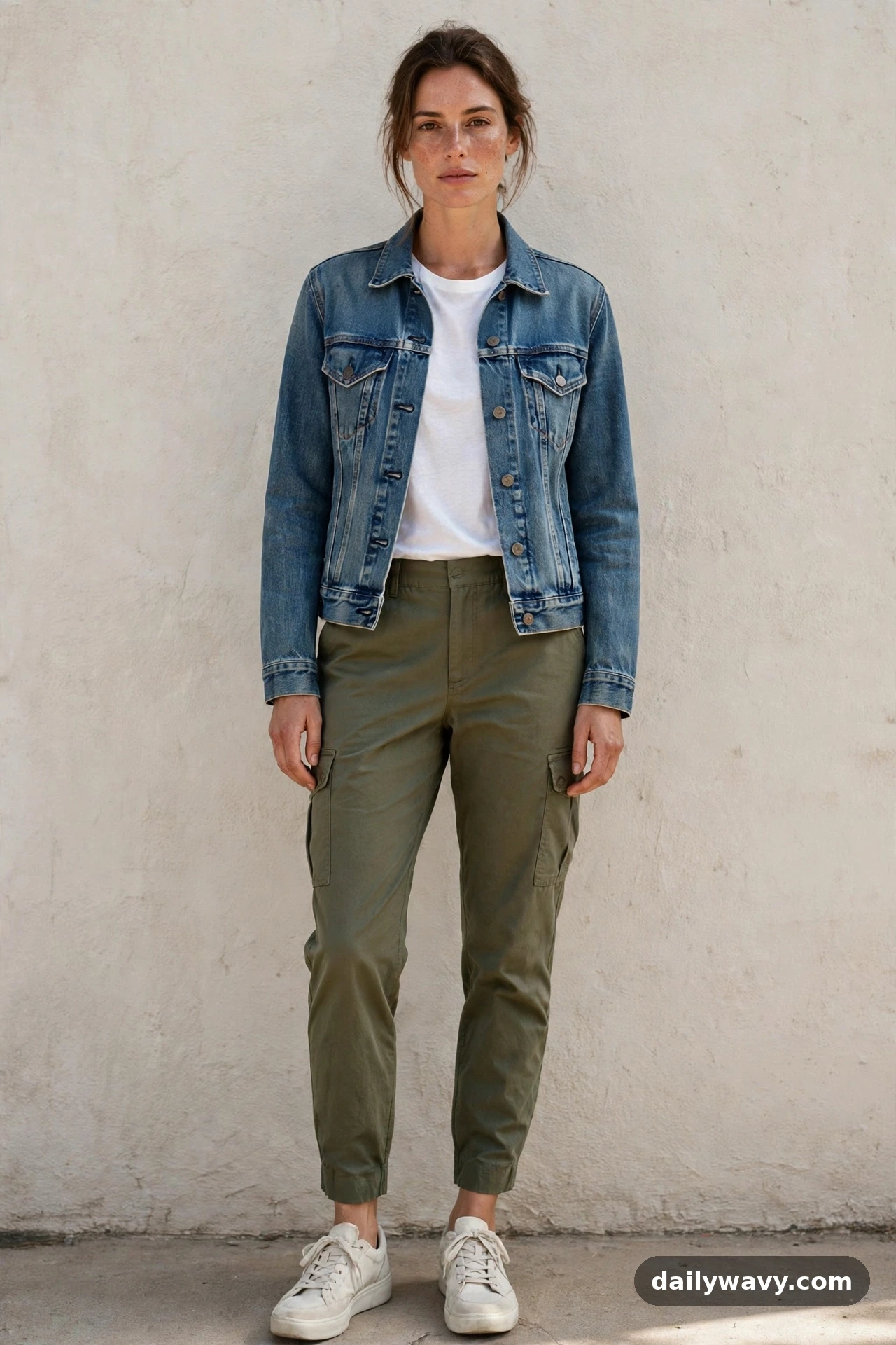 Adult wearing a denim jacket with a white tee, cargo trousers and sneakers for denim jacket outfits