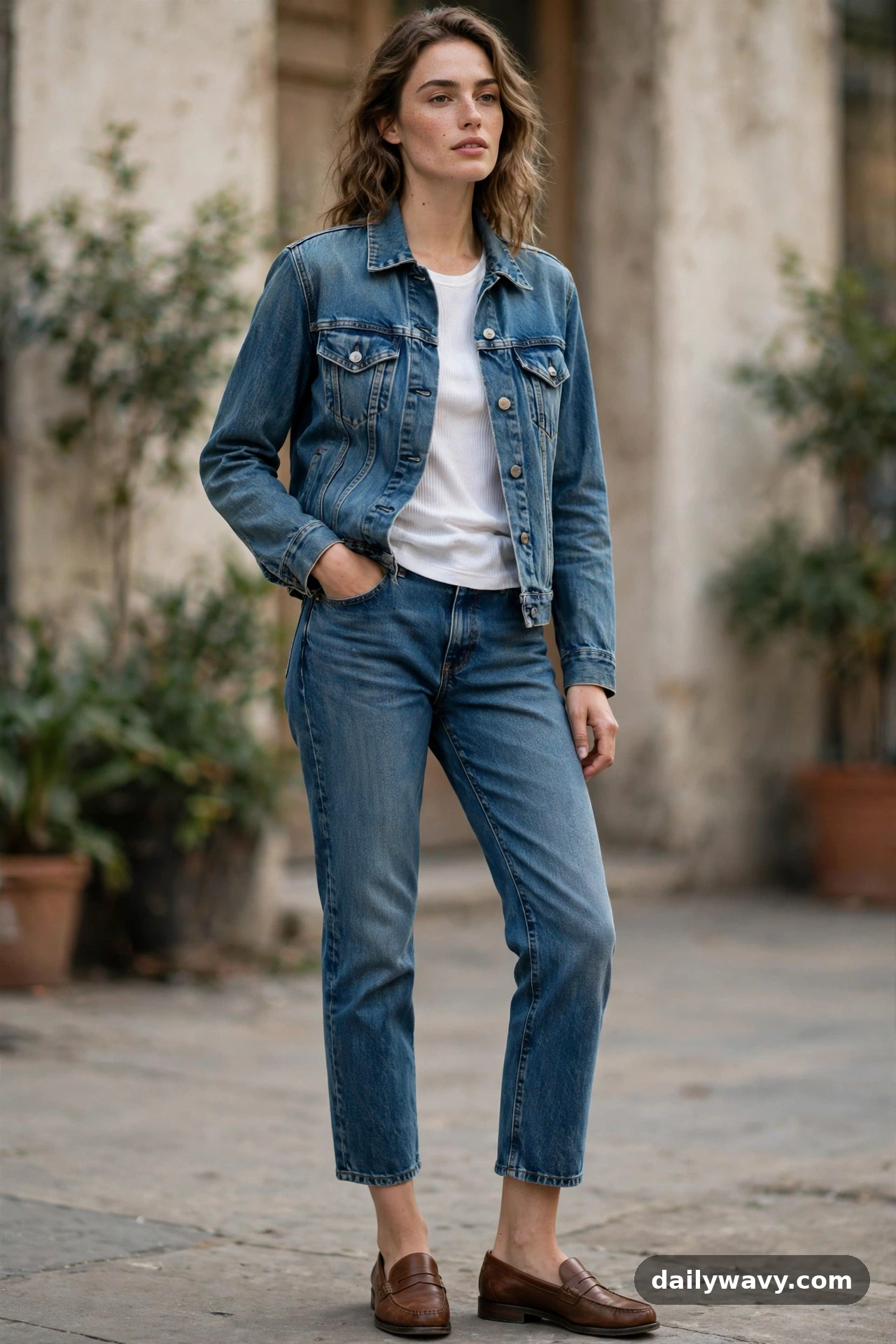 Adult wearing a denim jacket with a ribbed tee, cropped jeans and loafers for denim jacket outfits