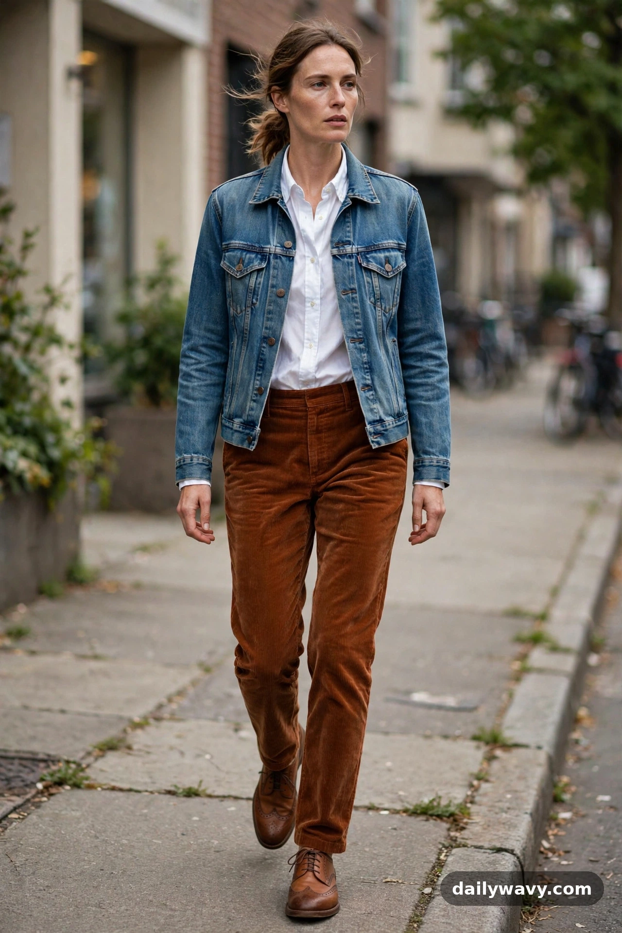 Adult wearing a denim jacket with a button-down, corduroy trousers and lace-up shoes for denim jacket outfits