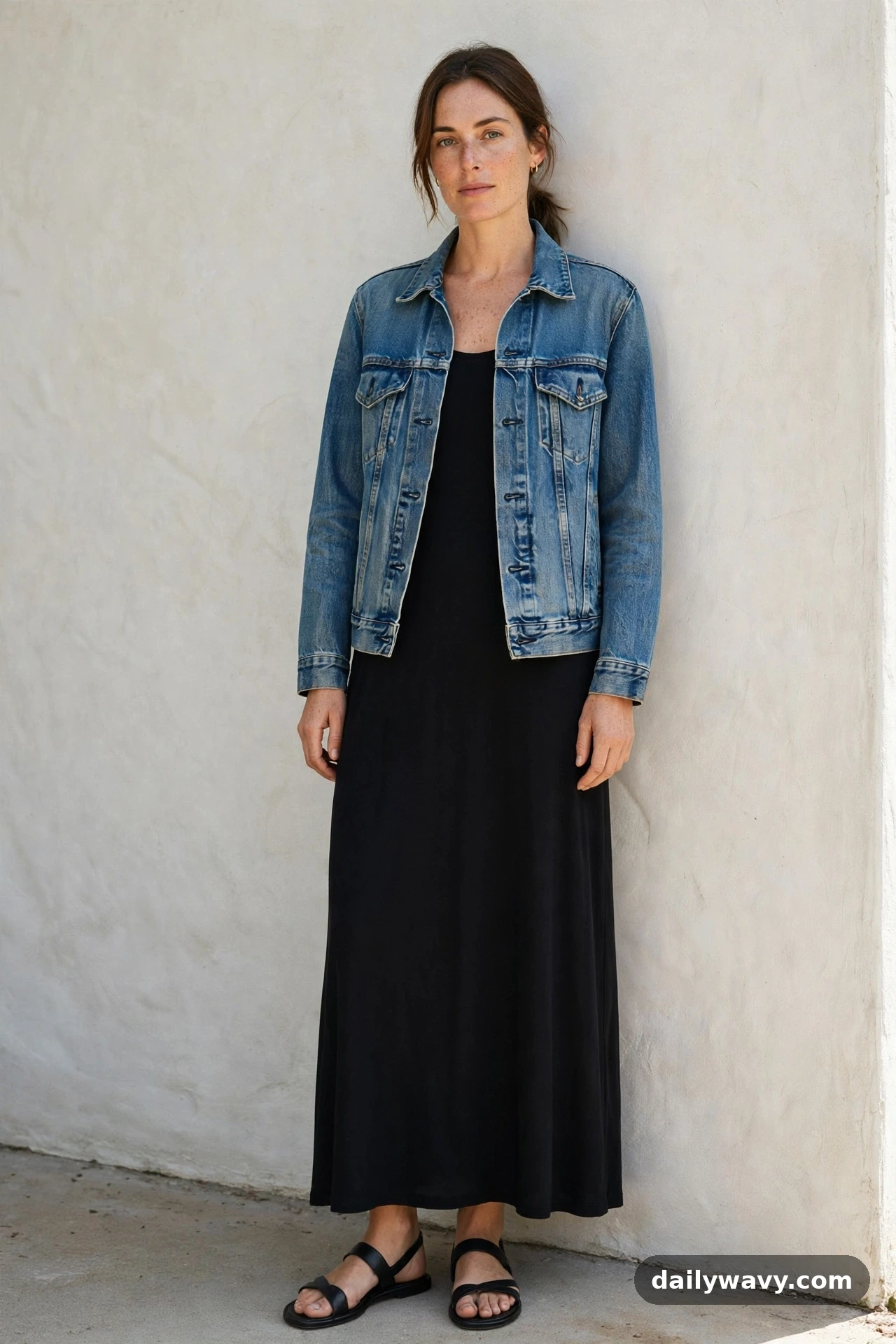 Adult wearing a denim jacket with a simple maxi dress and flats for denim jacket outfits