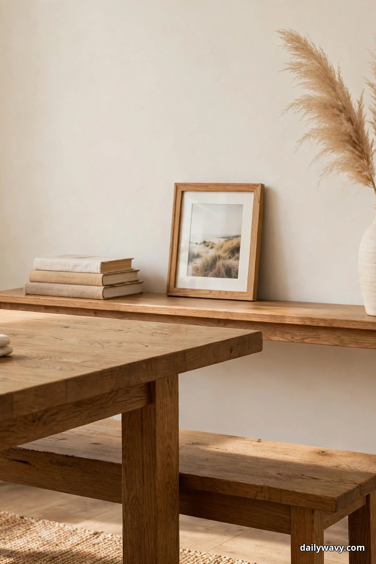 An oak dining table and wooden bench stand in front of a long low console styled asymmetrically with a stack of books, a framed photograph and a tall vase of pampas grass