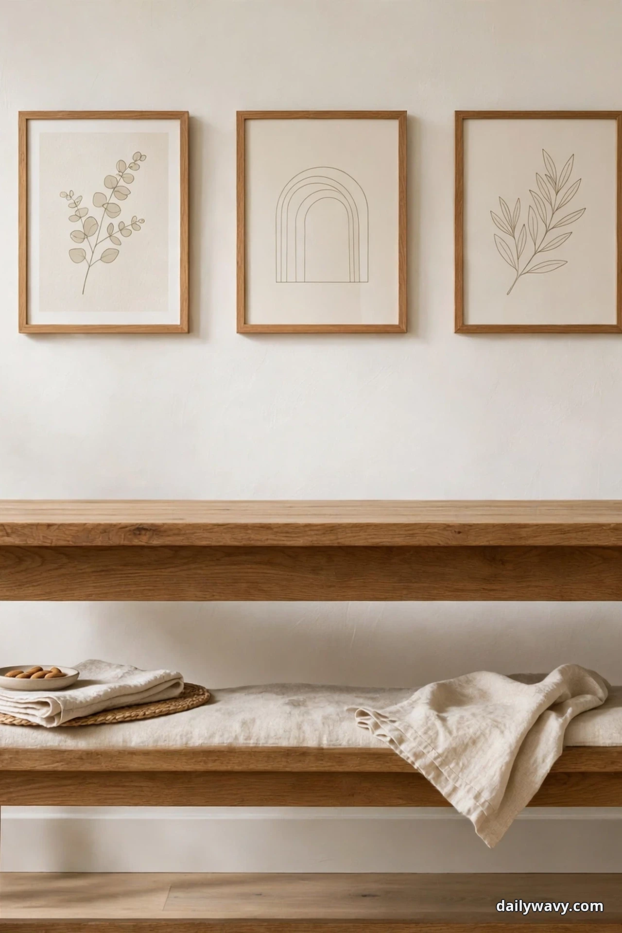 Three framed line-art prints of a eucalyptus sprig, an arch and a leafy branch hang in slim oak frames above an oak table, with a linen-cushioned bench below holding folded linens and a draped cloth