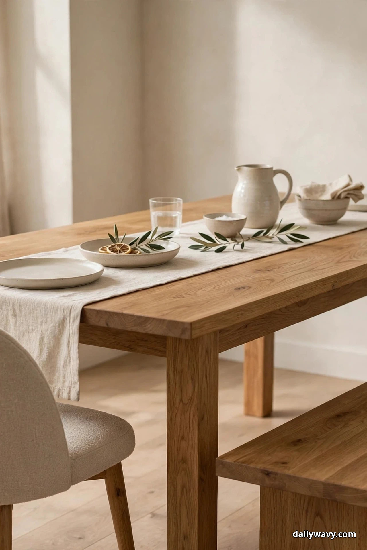 An oatmeal upholstered chair sits at the head of an oak dining table set with a linen runner, plates and a ceramic pitcher, with a wooden bench along the near side
