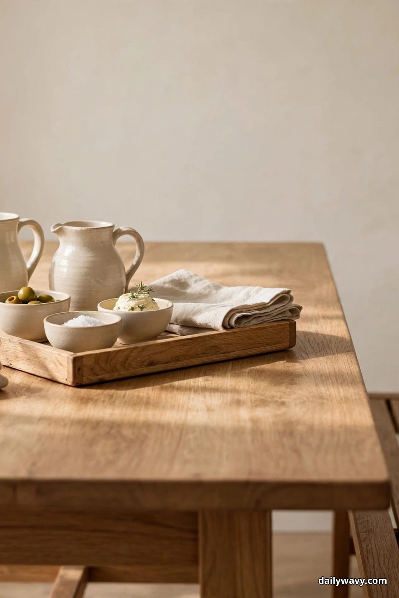 A shallow wooden tray on an oak dining table holds a ceramic pitcher, small bowls and a folded linen napkin, with the end of a wooden bench alongside