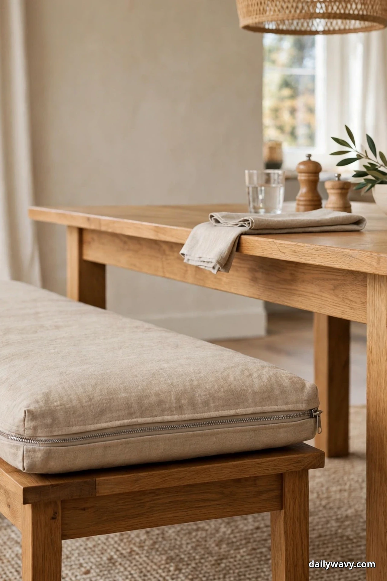 A wooden dining bench wears a thick natural linen cushion with its zipper visible along the edge, beside an oak table set for a meal