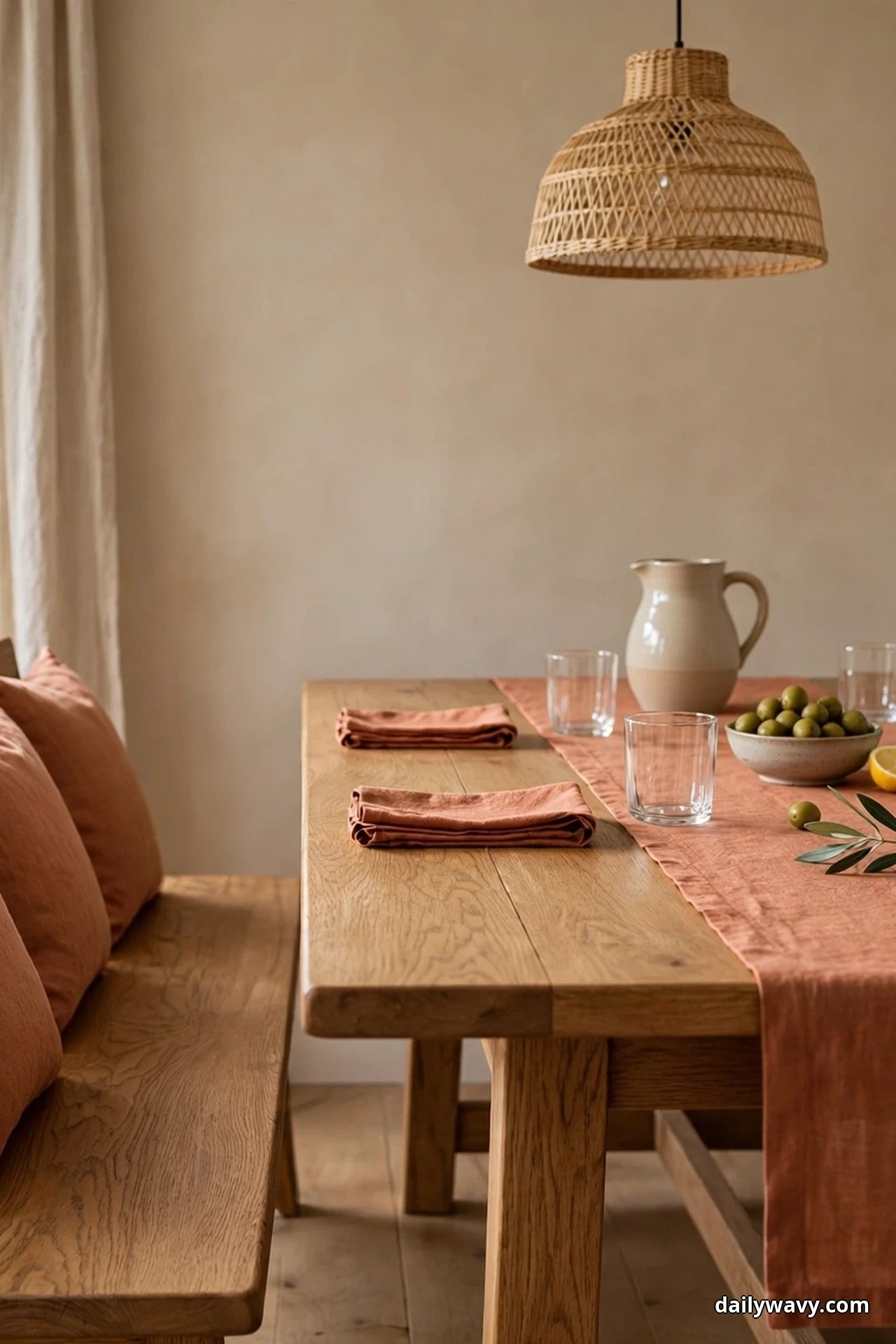 A wooden bench with rust cushions runs beside an oak table dressed with a rust runner and folded rust napkins under a woven pendant light