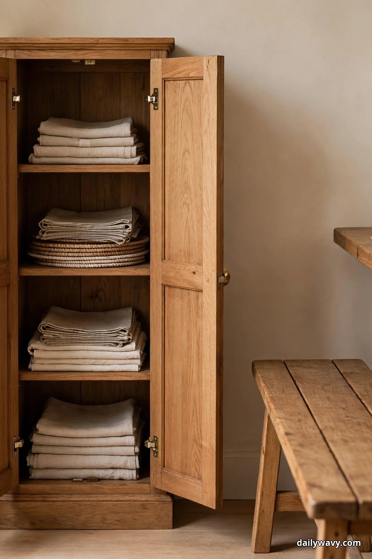 A narrow wooden cabinet stands open beside a dining bench, its shelves stacked with folded table linens and woven placemats