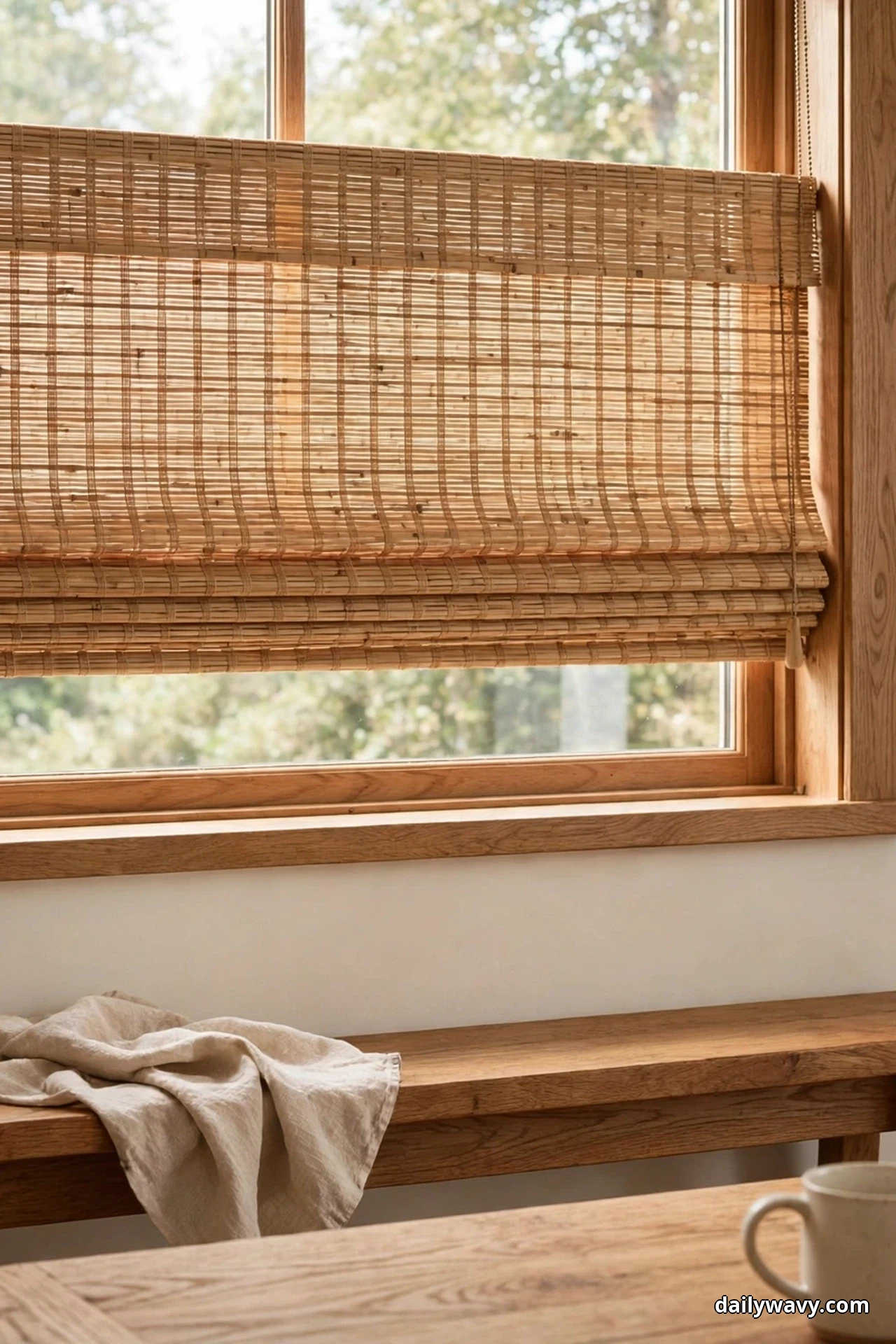 A woven wood shade hangs half-lowered over a window above a wooden bench with a linen cloth draped across its seat, beside a small wall shelf