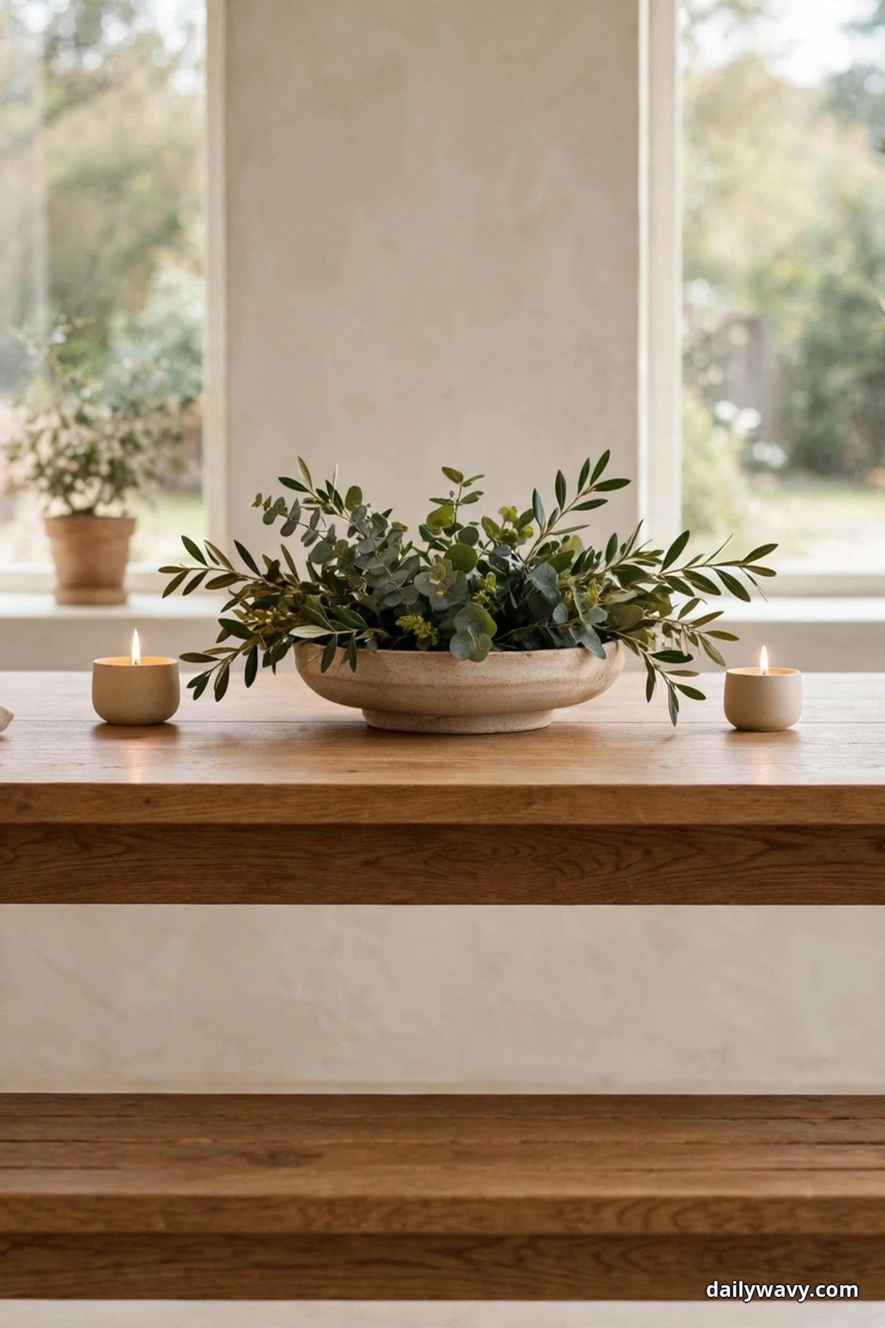 A low ceramic bowl of greenery flanked by two short candles sits on an oak dining table in front of tall windows, with a bench along the near side