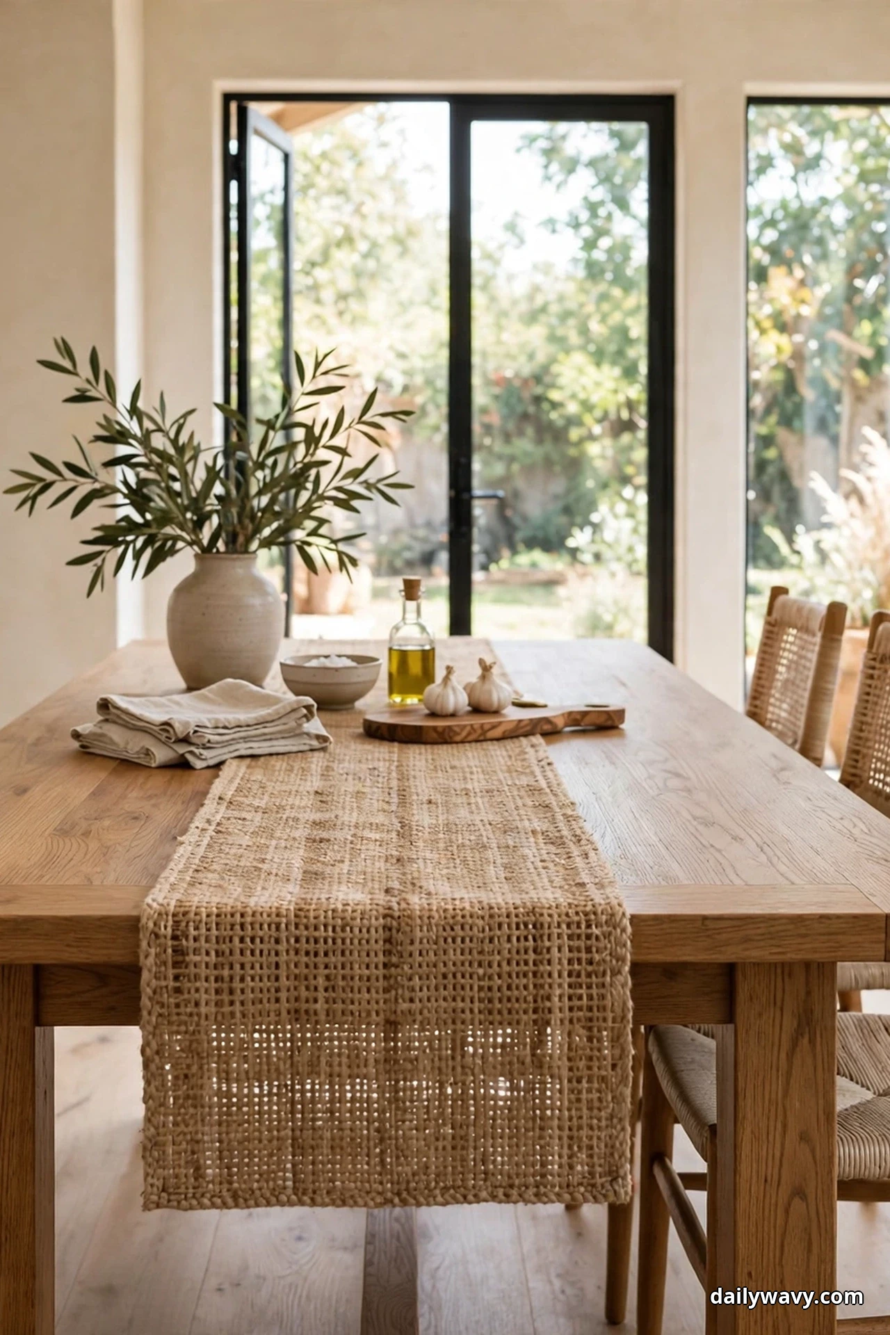 A woven jute runner hangs over the end of an oak dining table set with a vase of olive branches, folded napkins and a small board with an oil bottle, with woven cane chairs along the side