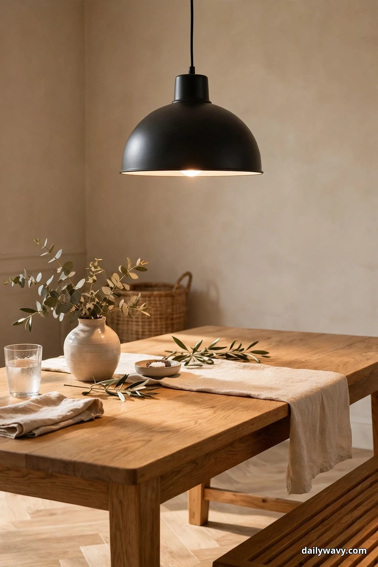 A black dome pendant hangs centered over an oak dining table with a linen runner and a vase of olive stems, with a slatted wooden bench in the foreground
