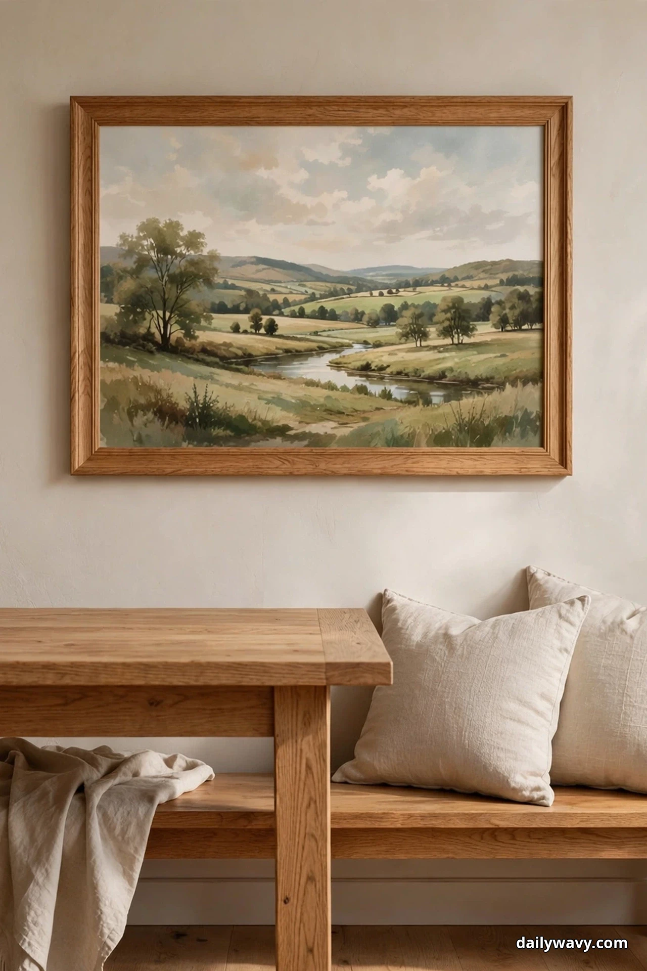 A large framed landscape painting hangs above a wooden bench with cream cushions and a draped linen cloth, beside the end of an oak table