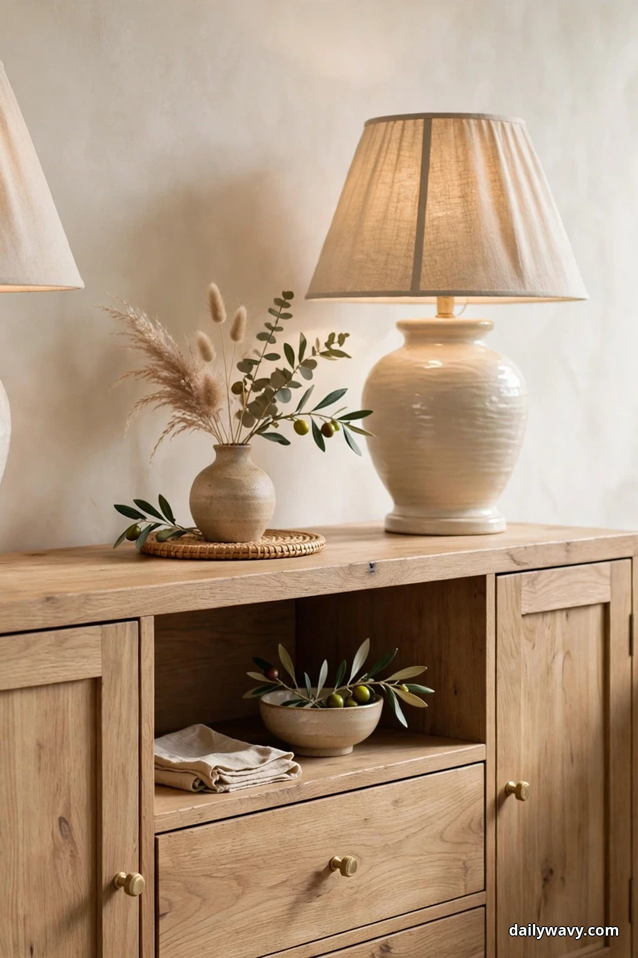 A ceramic table lamp with a pleated linen shade stands on an oak sideboard beside a small vase of dried grasses and eucalyptus, with the shade of its matching lamp just visible at the left edge and a bowl of olives on the shelf below