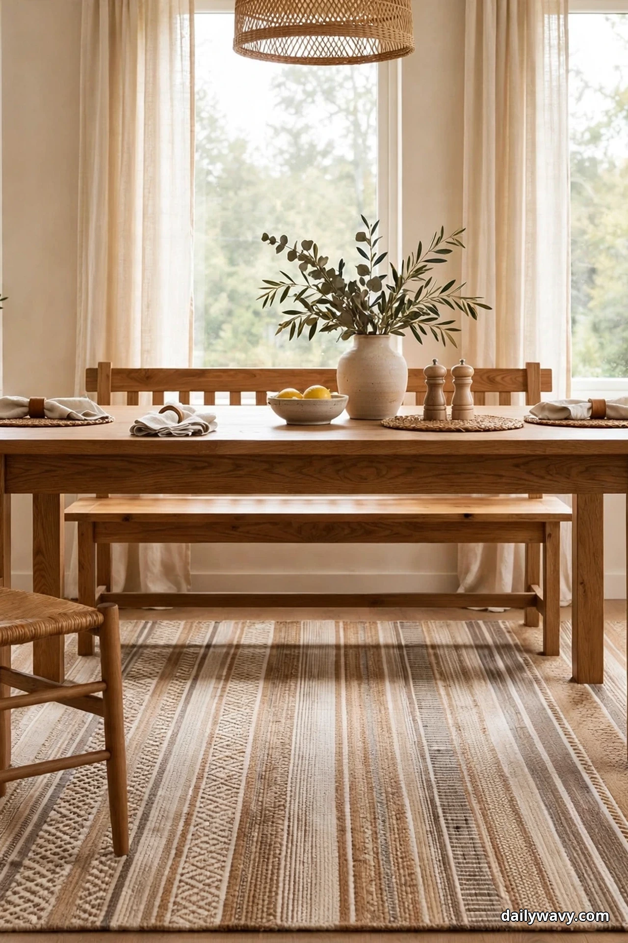 An oak dining table and bench stand on a large striped flatweave rug that extends well past the seating, with a vase of branches on the table under a woven pendant