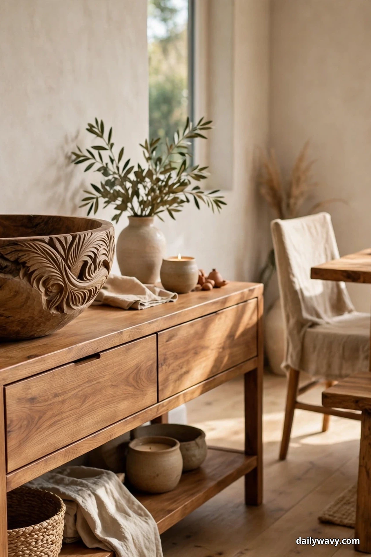 A large hand-carved wood bowl rests on an oak console beside a vase of greenery and small ceramic bowls, with more bowls and a folded cloth on the shelf below
