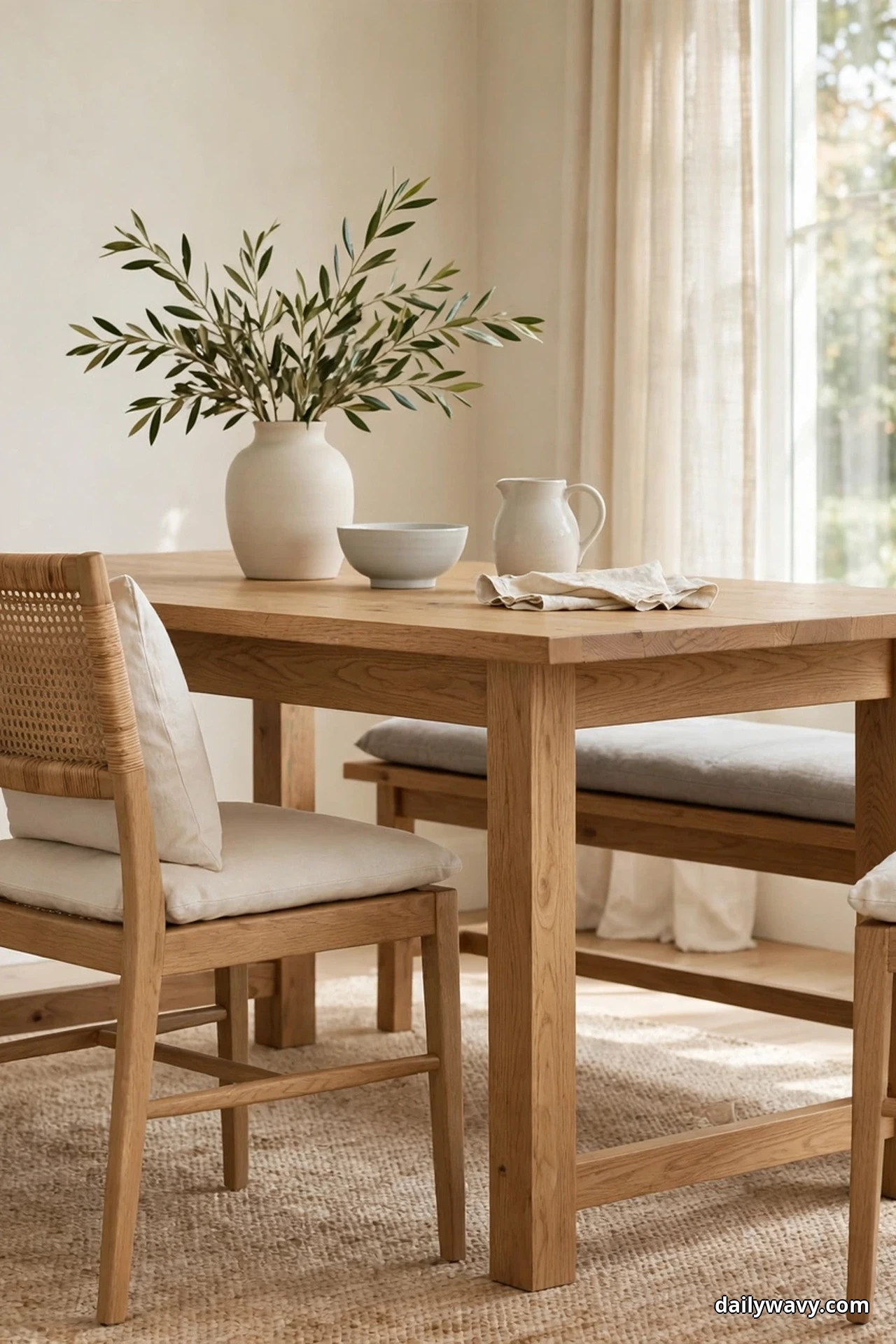 Cane-back dining chairs with cream seat cushions stand at an oak table, with a bench wearing a soft gray cushion tucked along the far side