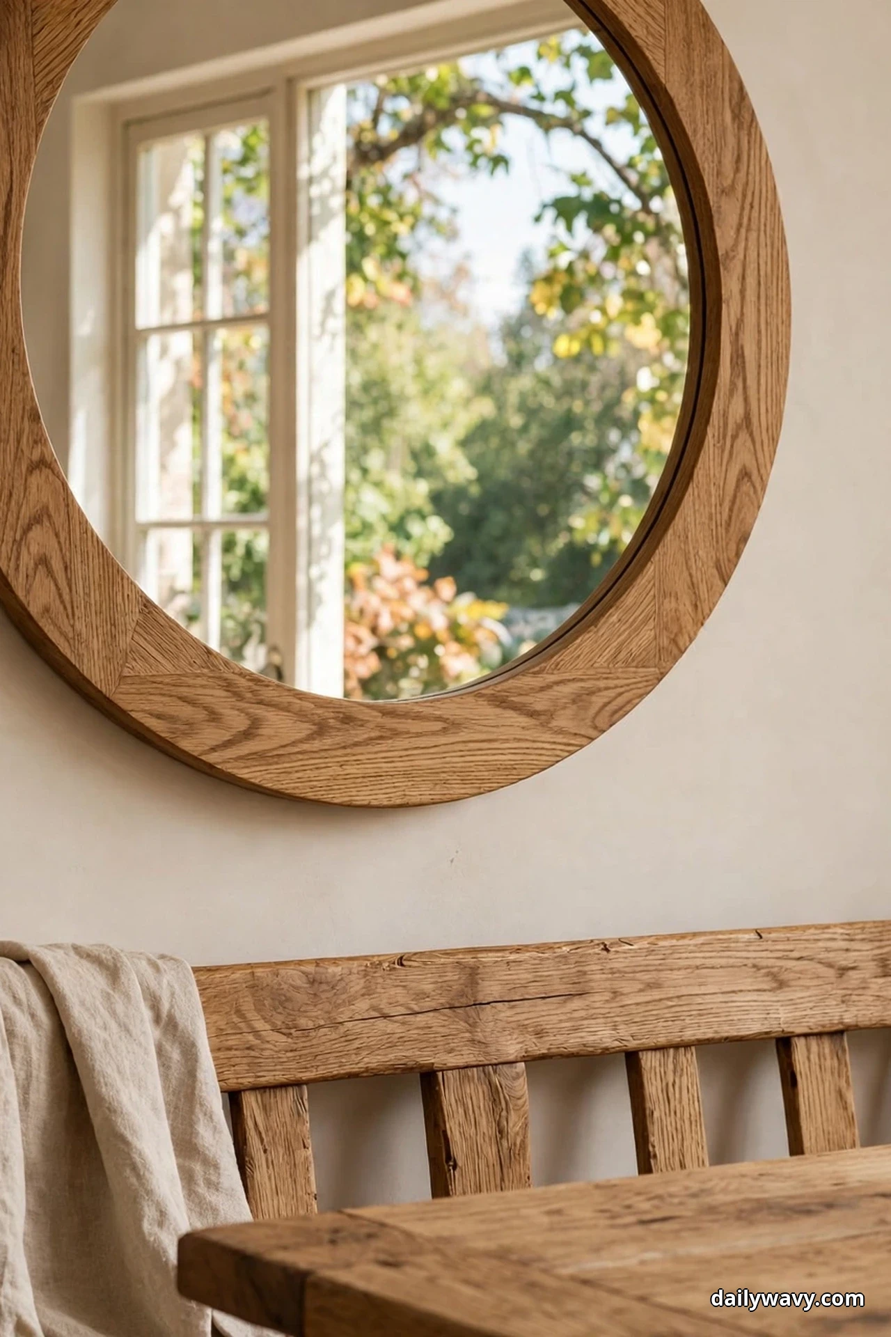 A large round oak-framed mirror reflecting a window and trees hangs above the slatted back of a wooden bench, with a linen cloth draped over the bench