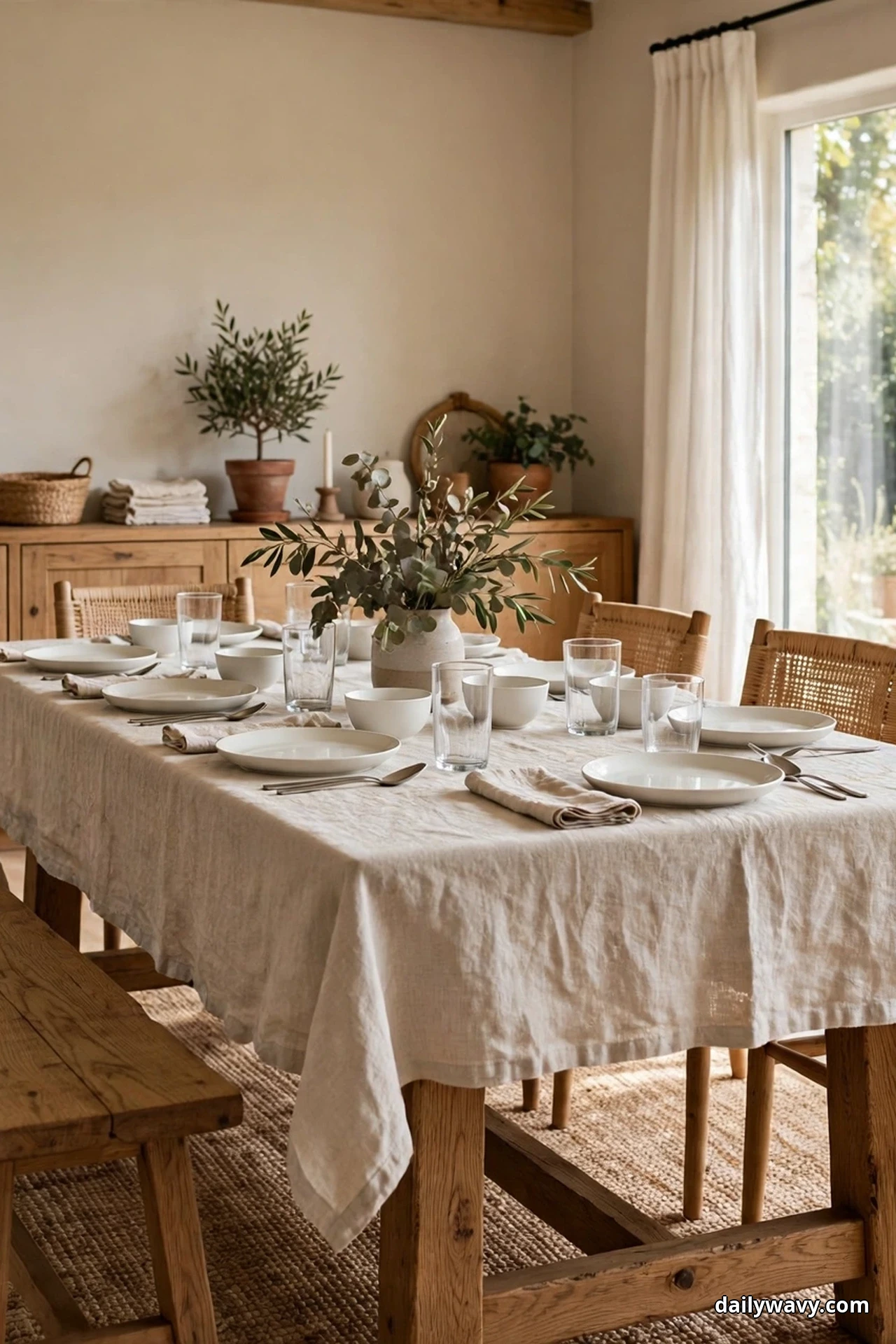 An oak dining table dressed in a natural linen tablecloth is set with plain white dishes and glasses, with a wooden bench along the near side and woven chairs opposite
