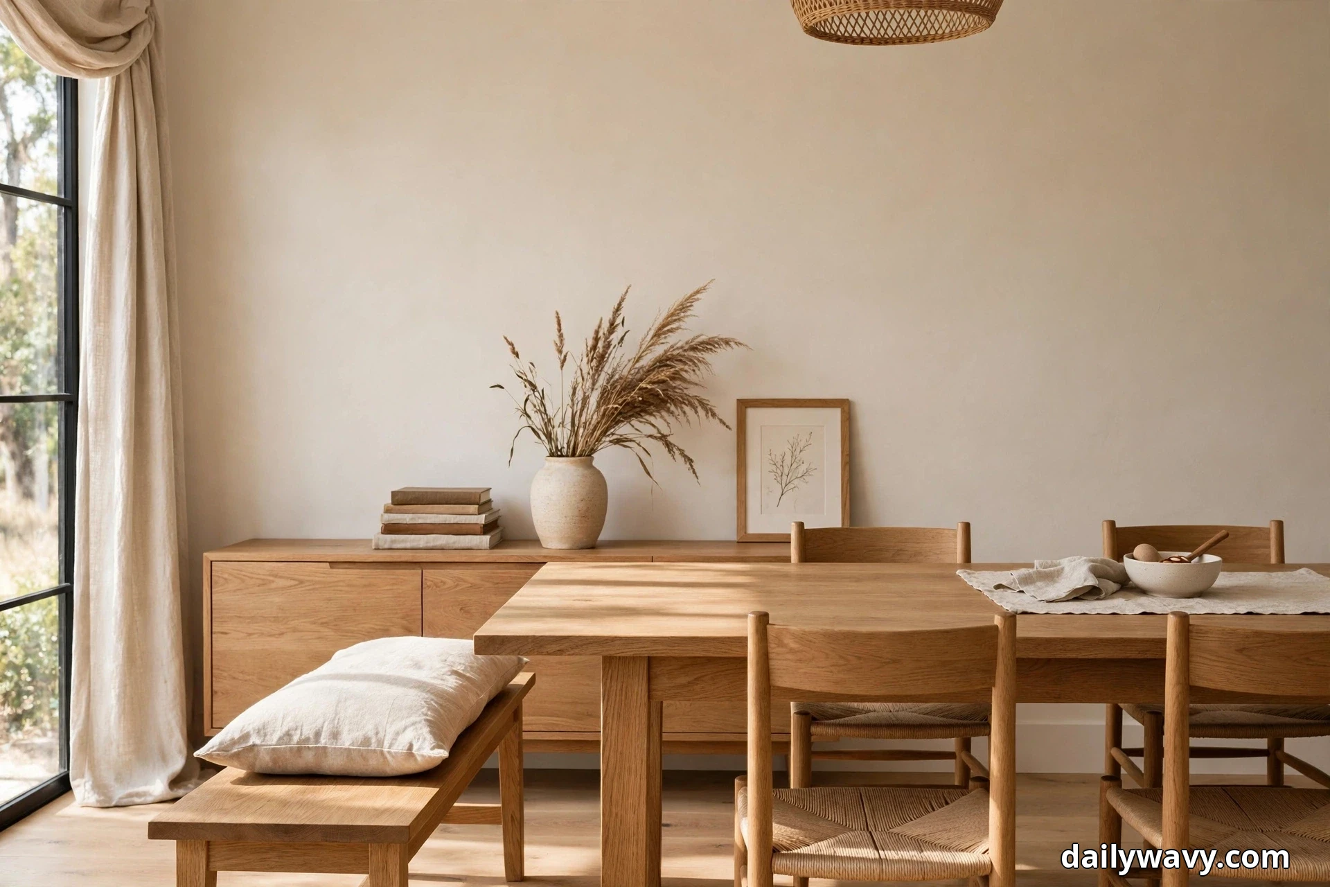 A wooden bench with a large cream cushion sits beside an oak dining table with woven-seat chairs, in front of an oak sideboard styled with a stack of books, a ceramic vase of dried grasses and a framed botanical print