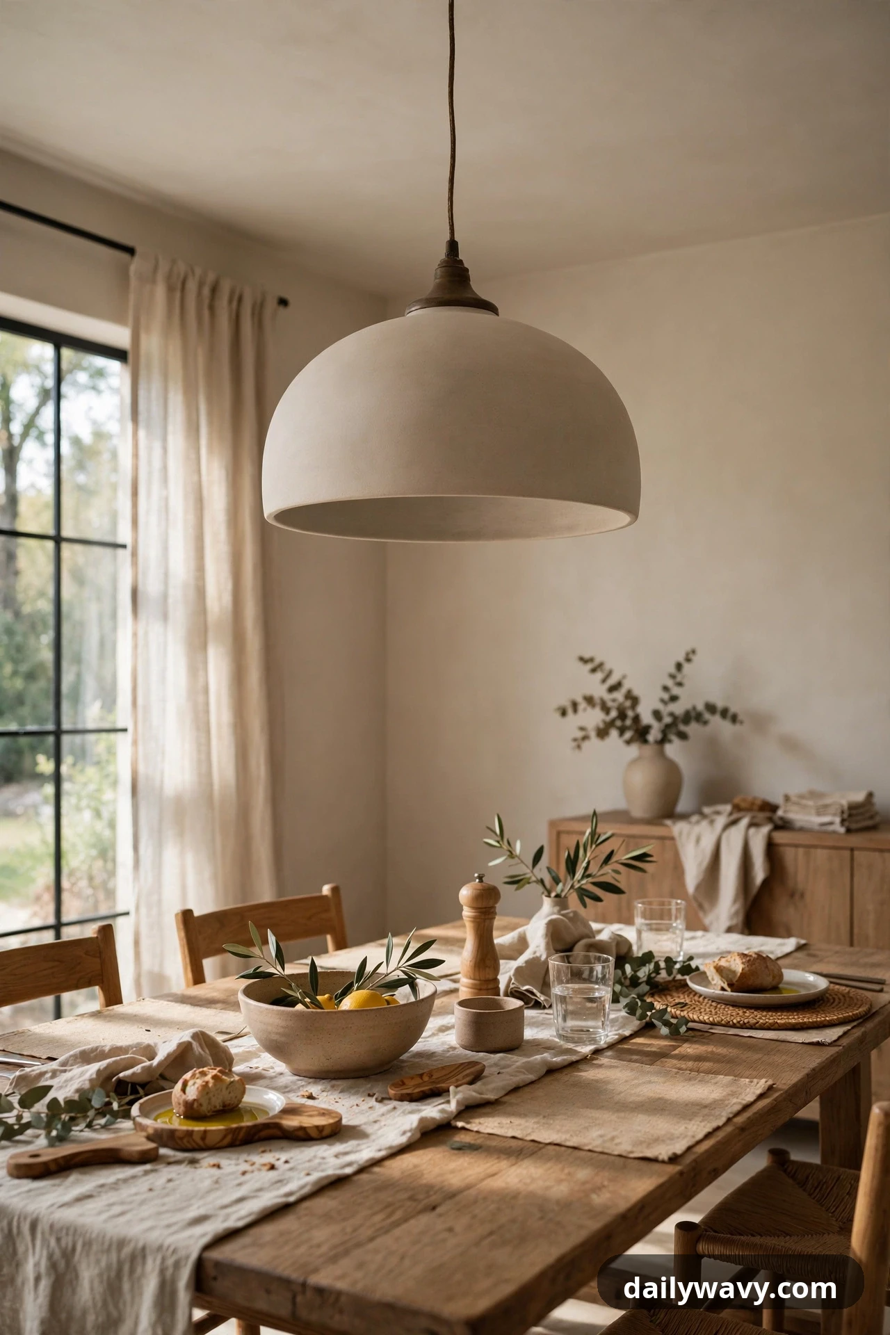A large matte cream dome pendant hangs above a wooden dining table set with a linen runner, ceramic bowls, and bread.