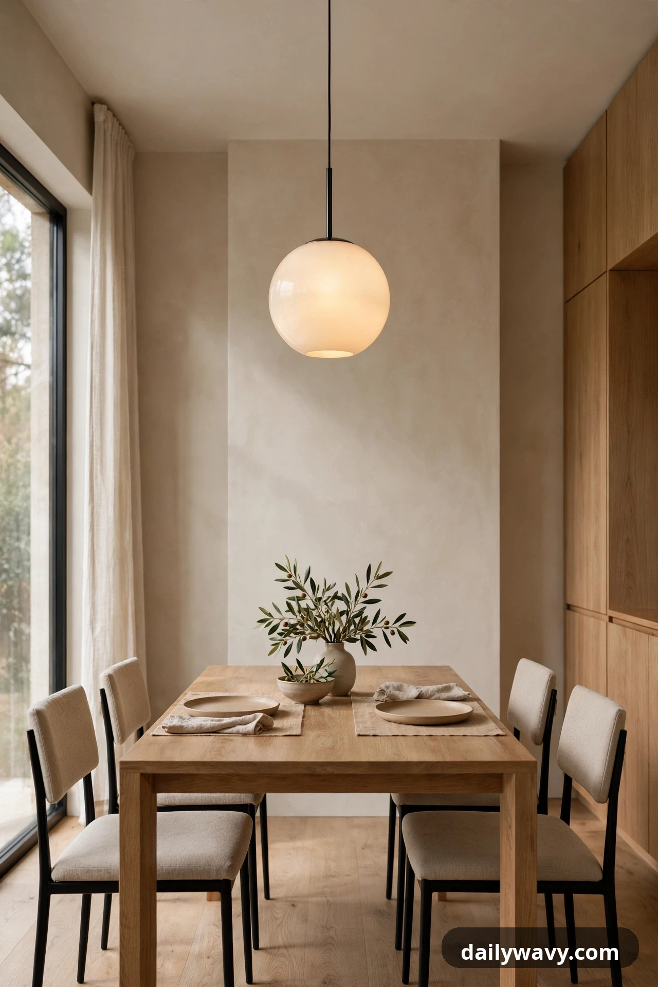 An opal glass globe pendant glows above a wooden dining table in a straight-lined modern dining room with built-in wood cabinetry.