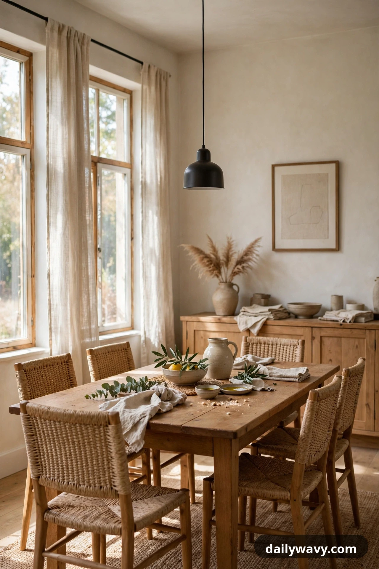 A single small matte black pendant hangs above a wooden dining table in an otherwise pale dining room with woven rush chairs.