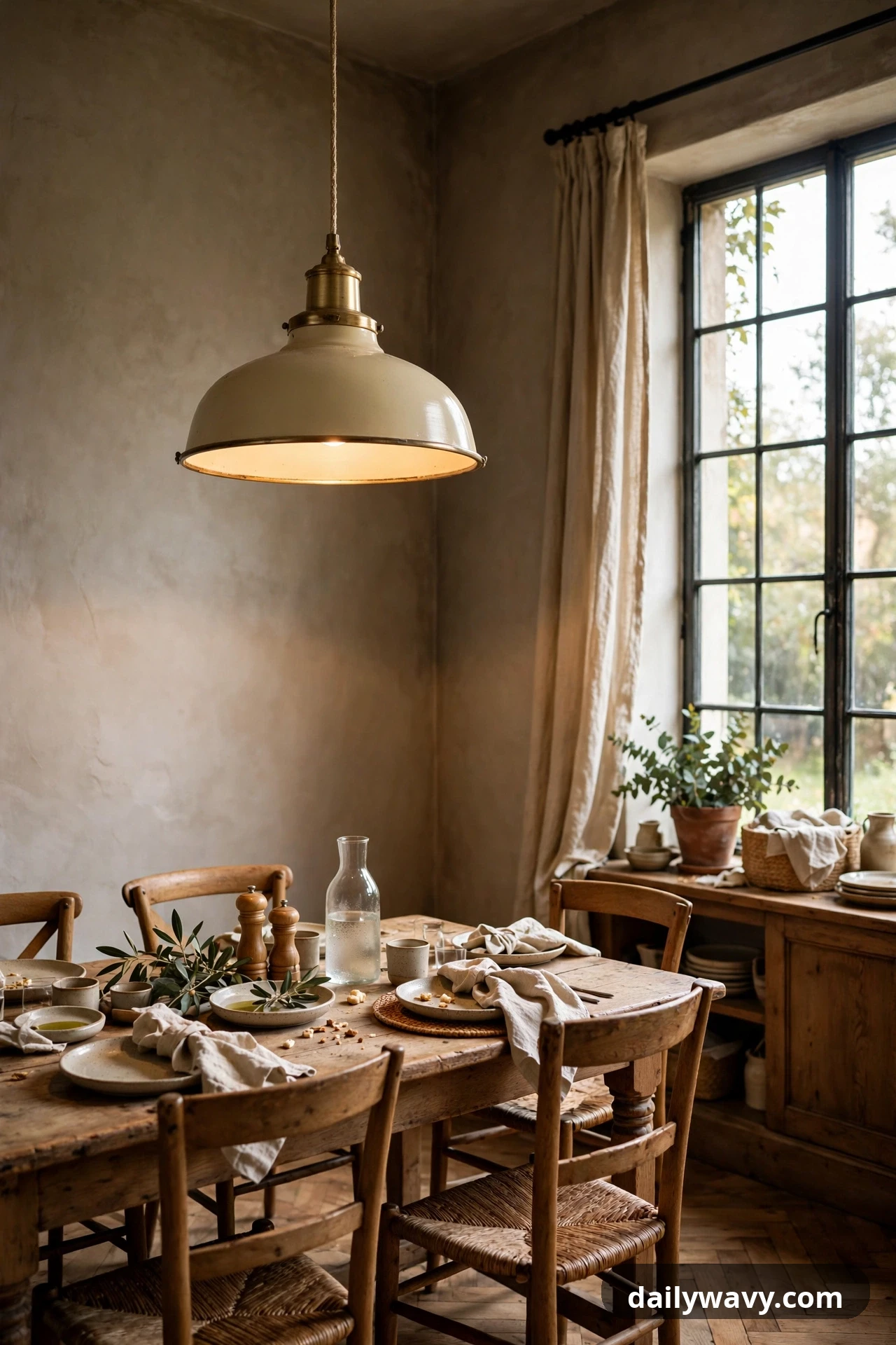 A cream dome pendant with brass hardware glows above a set dining table in a dim corner beside a tall window.