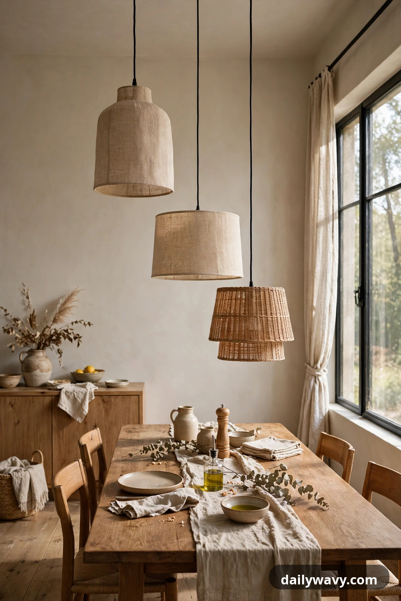 Three pendants in linen and woven rattan shades hang at staggered heights over a long wooden dining table set with a linen runner.