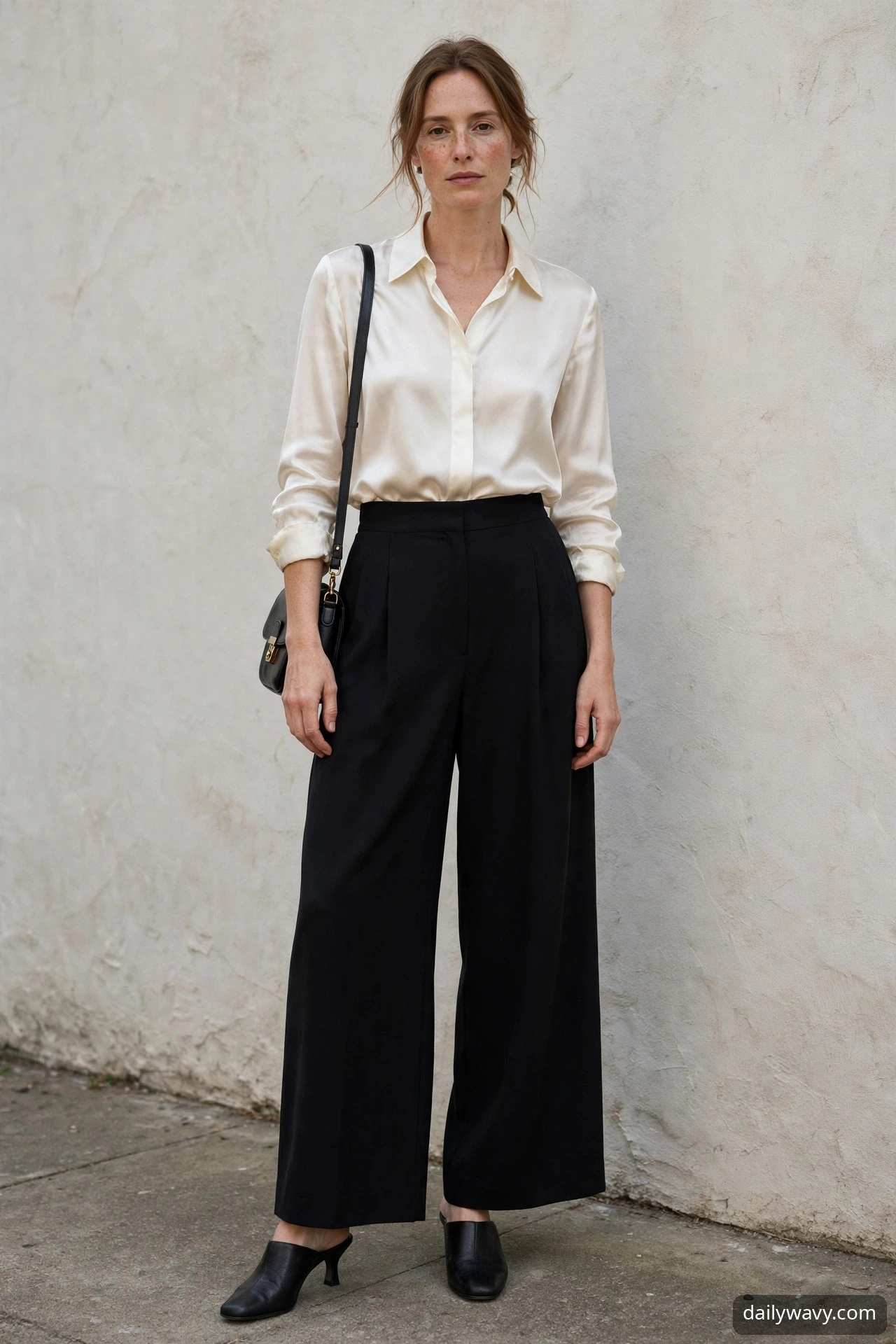 Wide black trousers with a dressy top for a dinner date