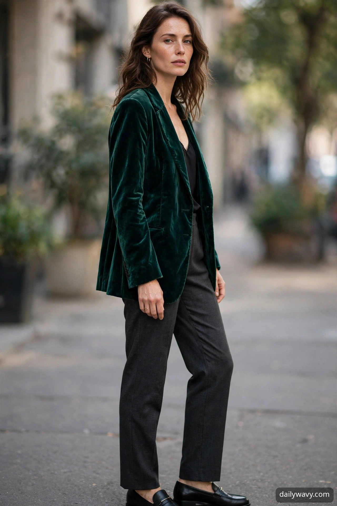 Velvet blazer with straight trousers for a dinner date