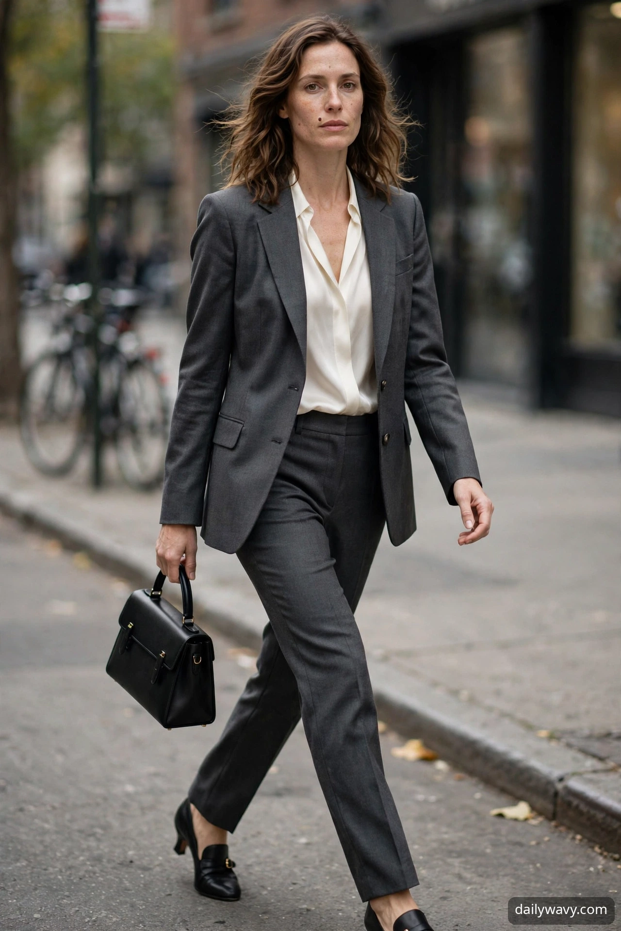 Matching tailored suit with a soft blouse for a dinner date
