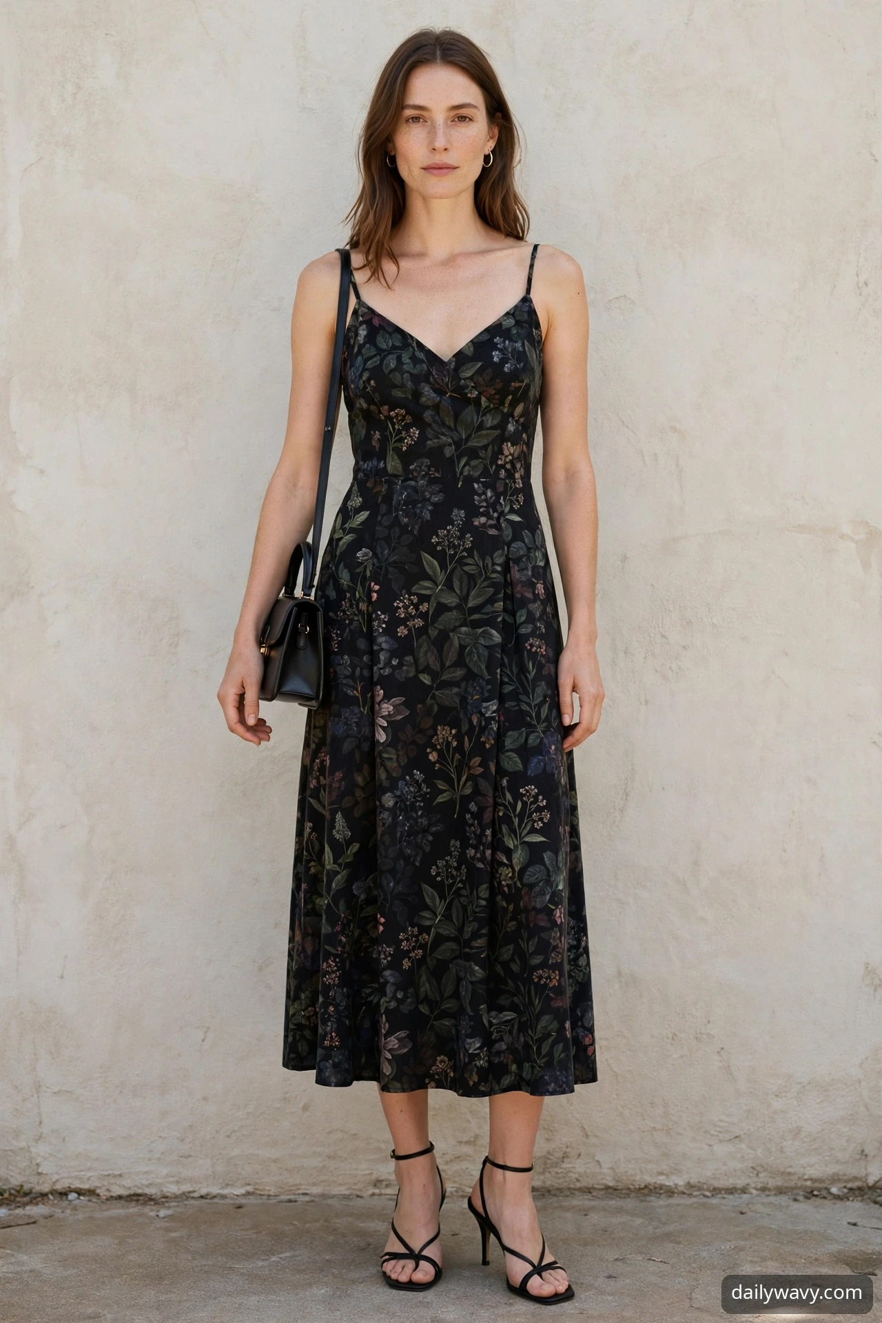 Dark floral dress with a small bag for a dinner date