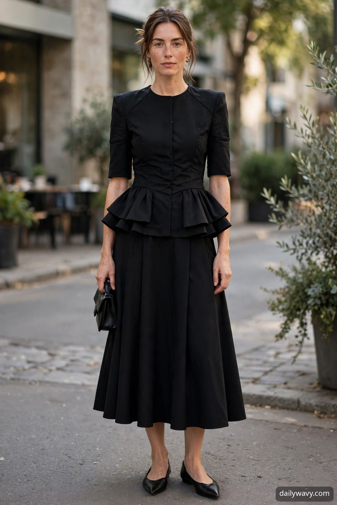 Structured top with a plain midi skirt for a dinner date