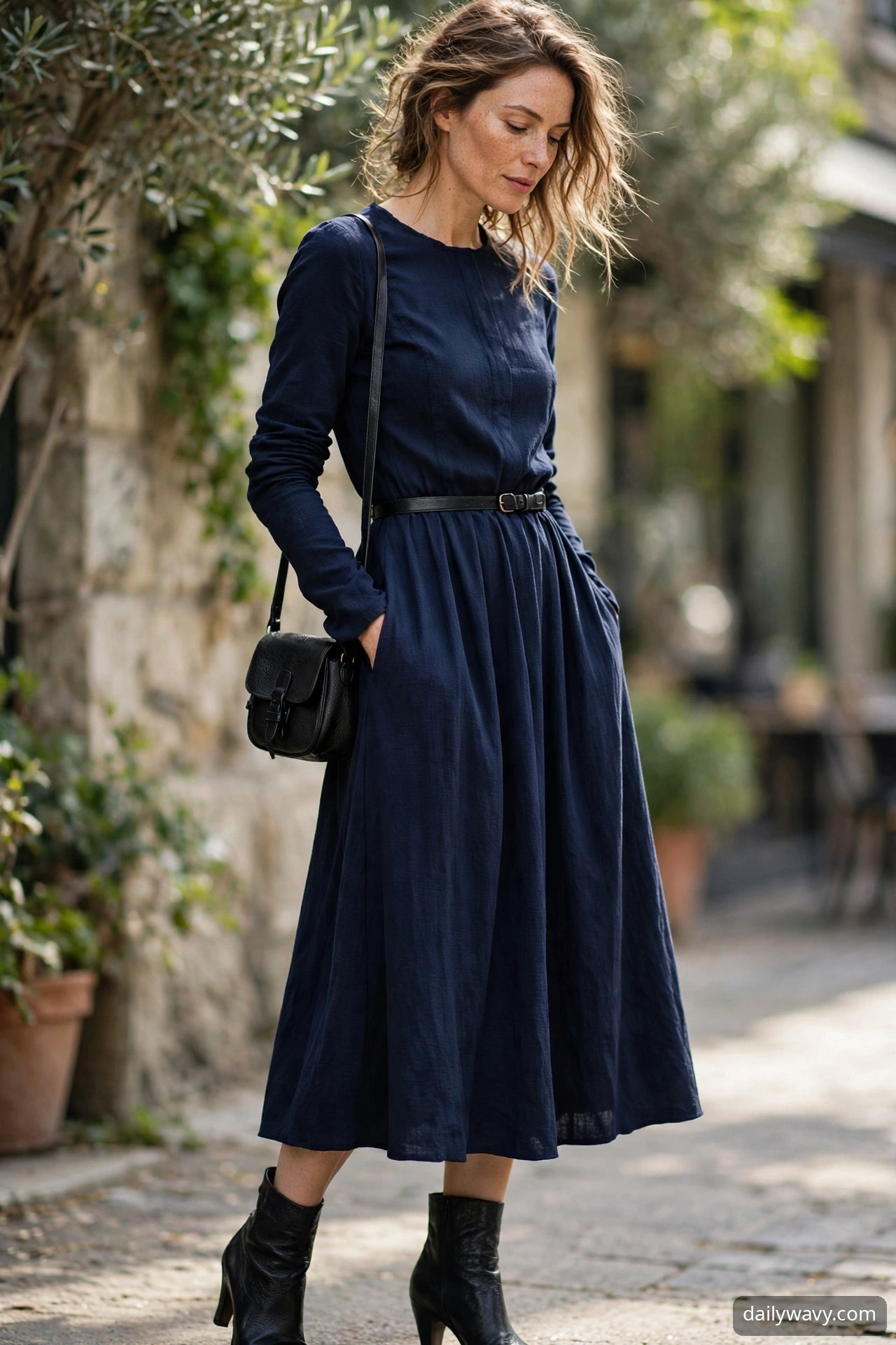 Long-sleeve dress with a narrow belt for a dinner date
