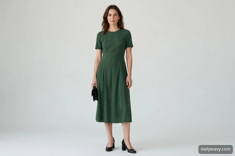 Woman in a forest green midi dress with black block heels and a clutch, ready for a dinner date