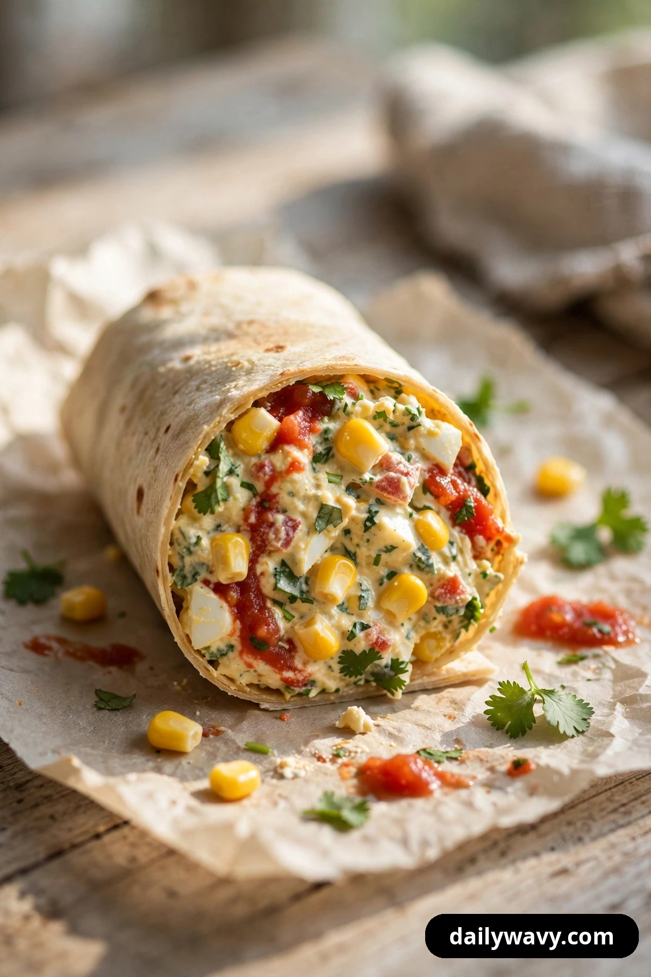 A close view of an egg salad wrap half on parchment shows chopped egg, corn kernels, red salsa and cilantro in the cut end, with loose corn kernels scattered around it.