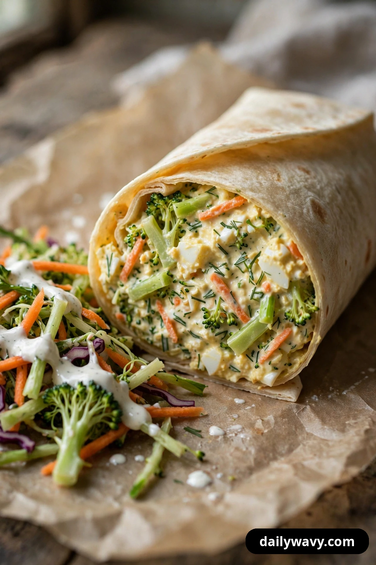 An egg salad wrap half on parchment is cut open to show broccoli florets and shredded carrot in the filling, with a pile of ranch-dressed broccoli slaw beside it.