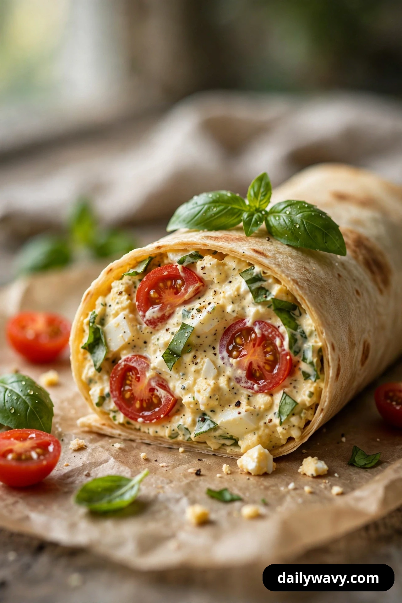 An egg salad wrap half on parchment is cut open to show halved cherry tomatoes and basil ribbons in the filling, with fresh basil leaves resting on top of the wrap.